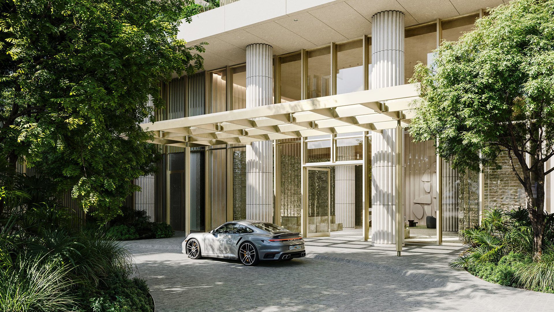 Preconstruction Miami Design Residences in Miami Design District, luxury and ultra luxury condos with a porte cochere entry, canopy structure and landscaped drive.