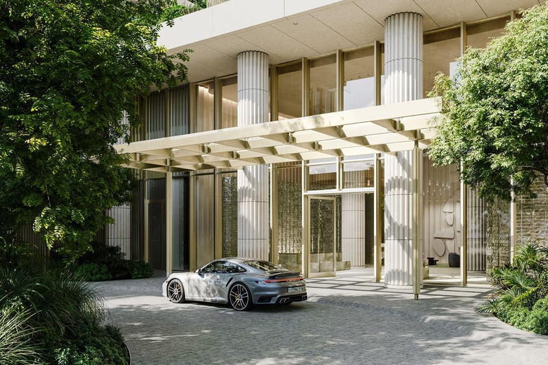 Preconstruction Miami Design Residences in Miami Design District, luxury and ultra luxury condos with a porte cochere entry, canopy structure and landscaped drive.
