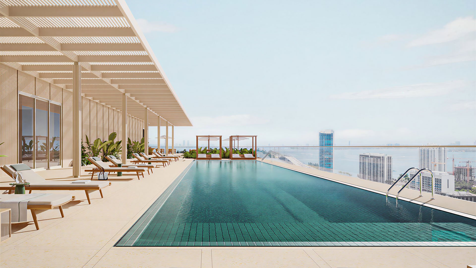 Preconstruction Miami Design Residences in Miami Design District, luxury and ultra luxury condos with a rooftop pool terrace, cabanas, loungers and waterfront views.