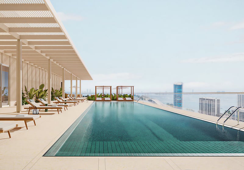 Preconstruction Miami Design Residences in Miami Design District, luxury and ultra luxury condos with a rooftop pool terrace, cabanas, loungers and waterfront views.