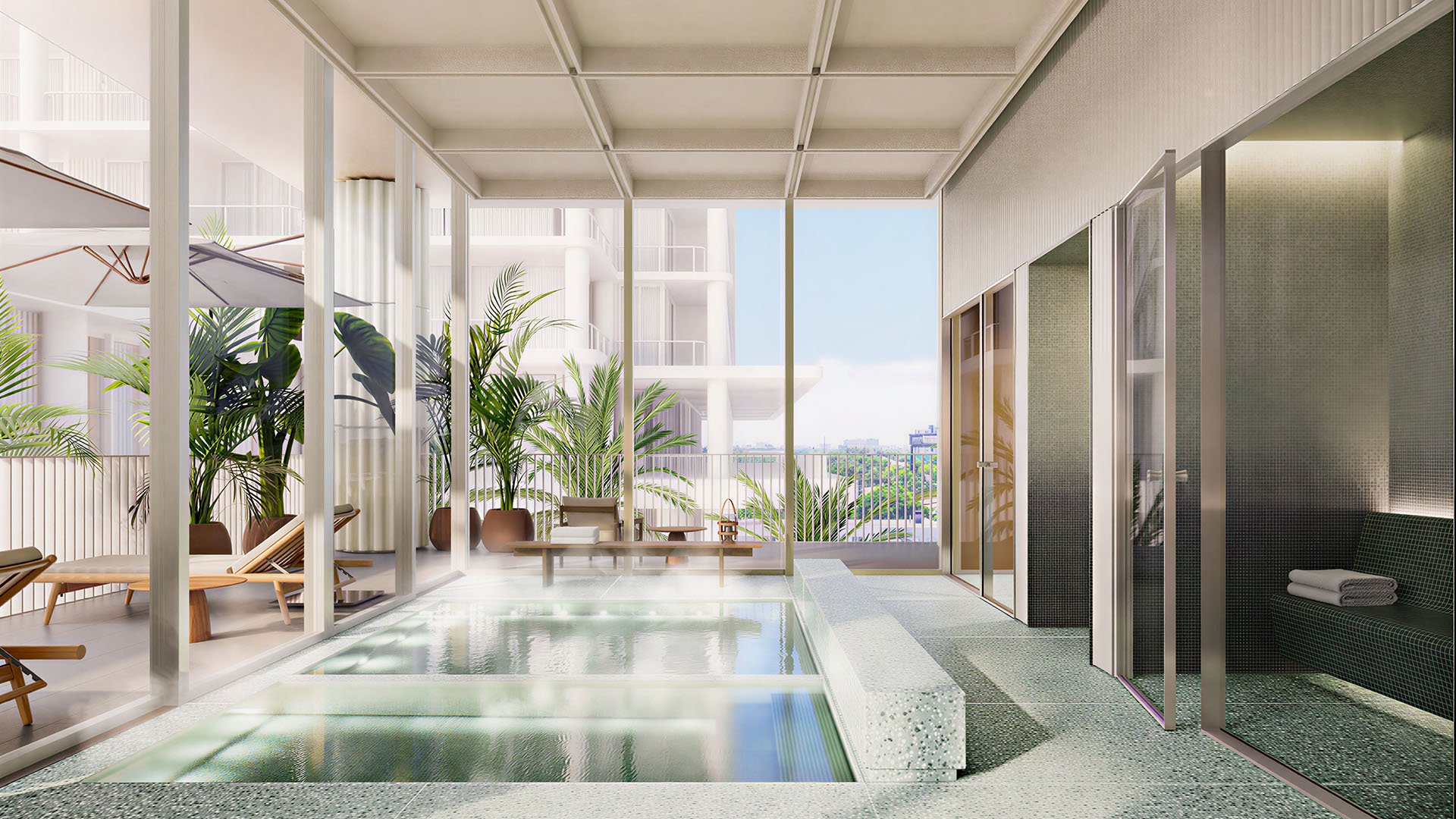 Preconstruction Miami Design Residences in Miami Design District, luxury and ultra luxury condos with a spa hydrotherapy pool, mosaic steam rooms and a serene indoor-outdoor wellness setting.