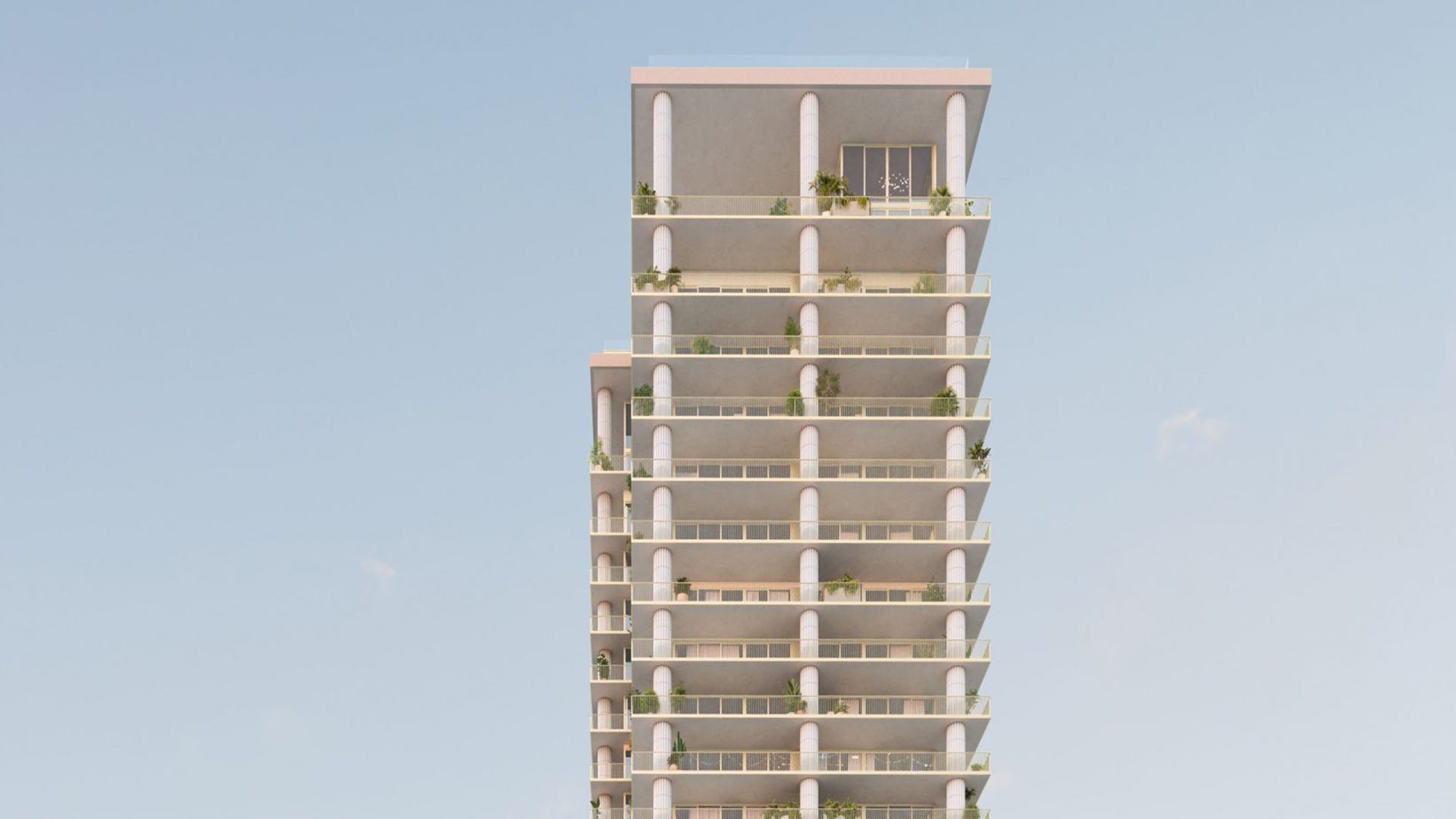Preconstruction Miami Design Residences in Miami Design District, luxury and ultra luxury condos with a tower-top exterior showing stepped balconies against the sky.