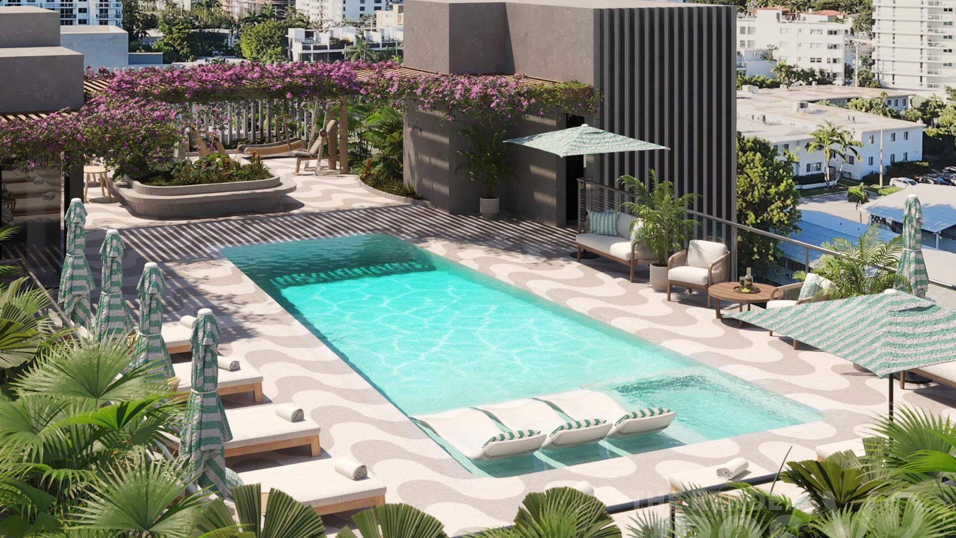 Mila Bay Harbor Islands preconstruction luxury and ultra luxury condos in Bay Harbor Islands with an aerial rooftop pool view, striped loungers, tropical landscaping, and a bougainvillea pergola above the terrace.