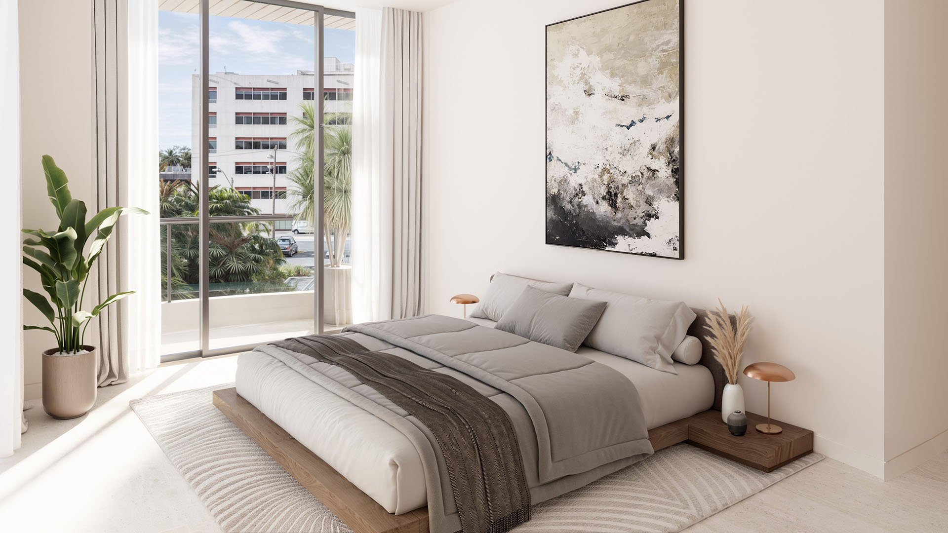 Mila Bay Harbor Islands preconstruction luxury and ultra luxury condos in Bay Harbor Islands with a serene bedroom, low platform bed, oversized artwork, and sliding glass doors opening to a private balcony.