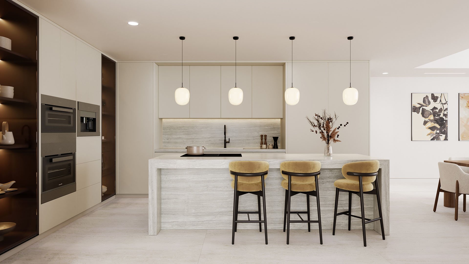 Mila Bay Harbor Islands preconstruction luxury and ultra luxury condos in Bay Harbor Islands with a minimalist chef kitchen, waterfall island, integrated appliances, and pendant lighting over the breakfast seating.