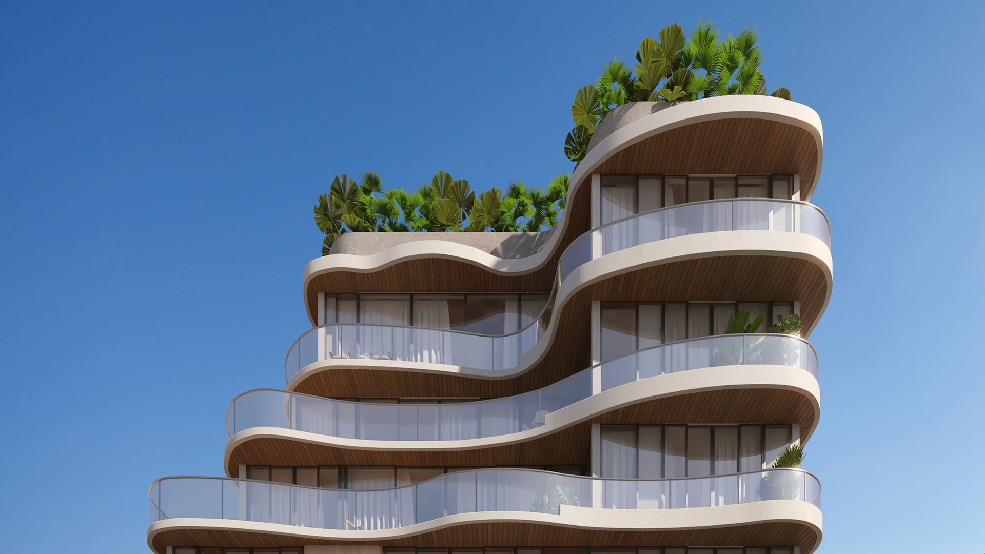 Mila Bay Harbor Islands preconstruction luxury and ultra luxury condos in Bay Harbor Islands with a sculptural exterior of wavy glass balconies and lush rooftop greenery rising against a clear blue sky.