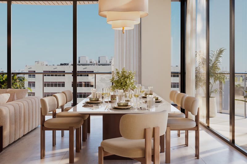 Mila Bay Harbor Islands preconstruction luxury and ultra luxury condos in Bay Harbor Islands with a formal dining room, floor-to-ceiling corner glass, terrace access, and a bright open view over the neighborhood.