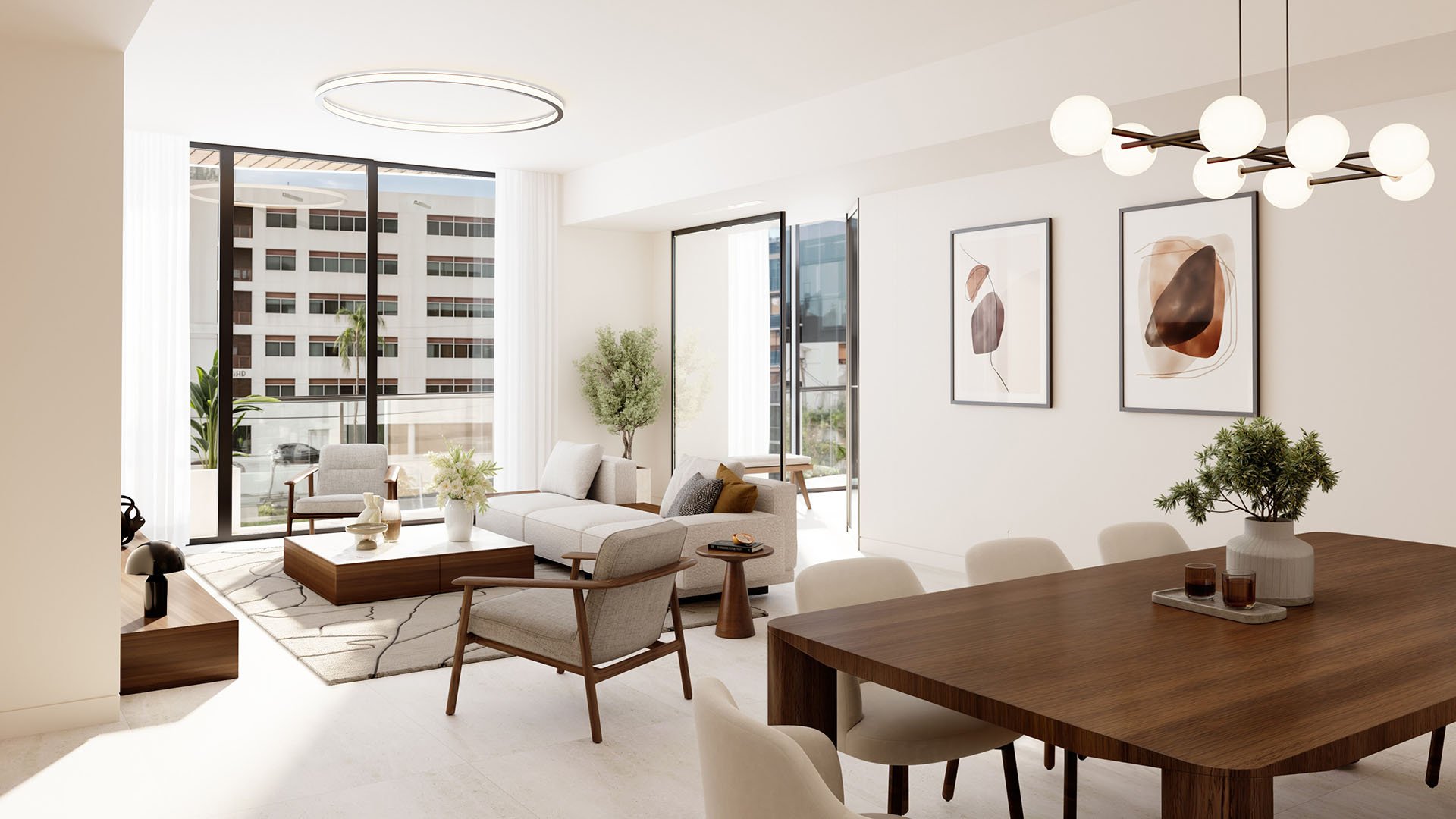 Mila Bay Harbor Islands preconstruction luxury and ultra luxury condos in Bay Harbor Islands with an open-plan living and dining room, modern seating, natural light, and balcony access through wide sliding glass doors.