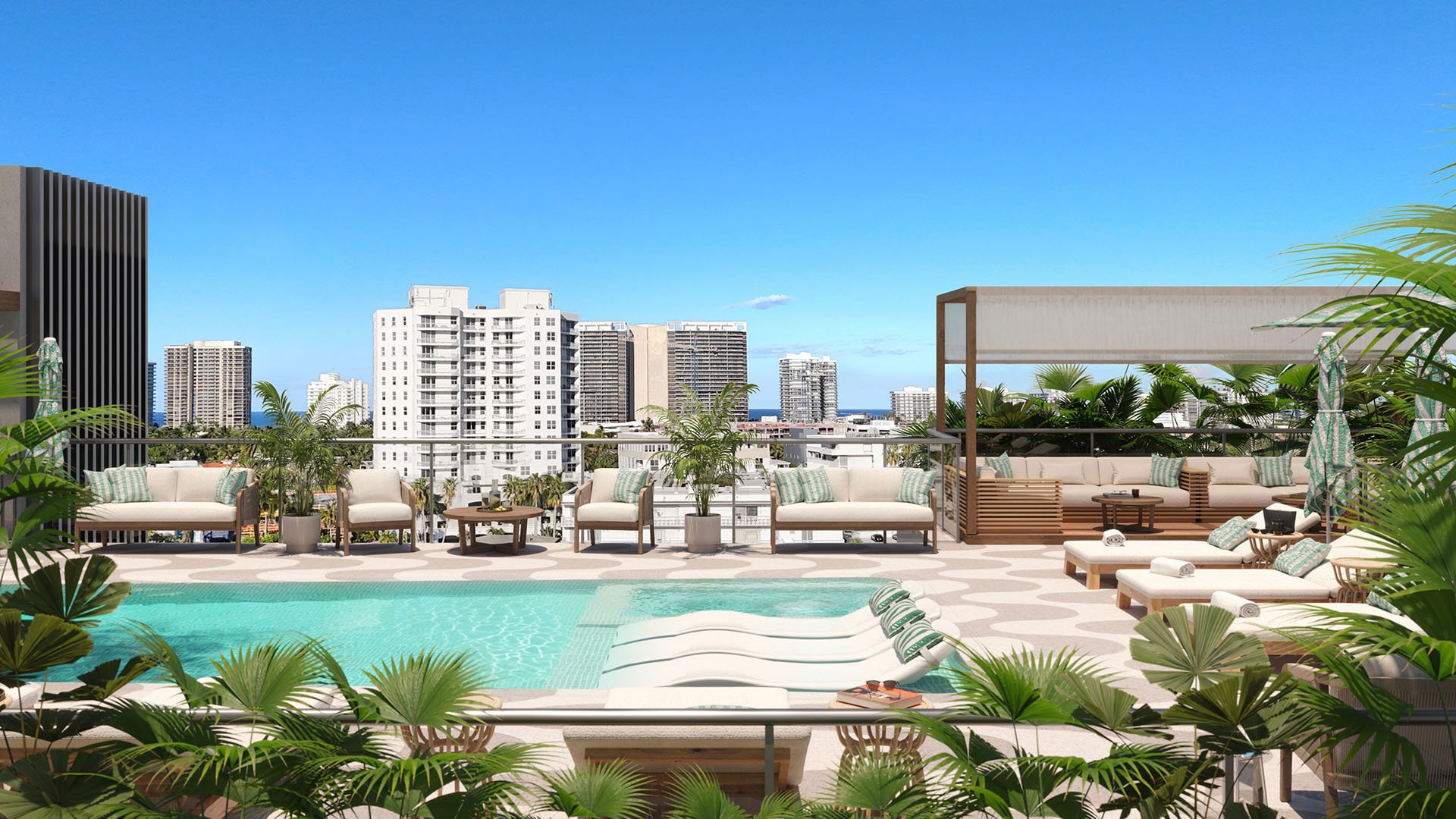 Mila Bay Harbor Islands preconstruction luxury and ultra luxury condos in Bay Harbor Islands with a rooftop pool terrace, in-pool loungers, sun deck seating, tropical planting, and a cabana daybed.