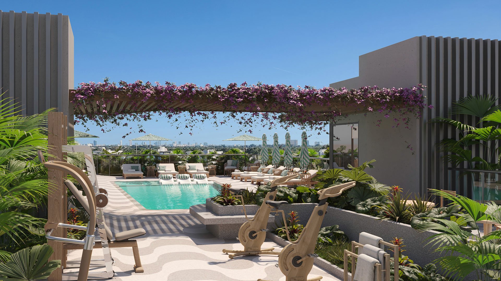 Mila Bay Harbor Islands preconstruction luxury and ultra luxury condos in Bay Harbor Islands with a rooftop wellness deck, pool, stationary bikes, lush planting, and a bougainvillea pergola framing the view.