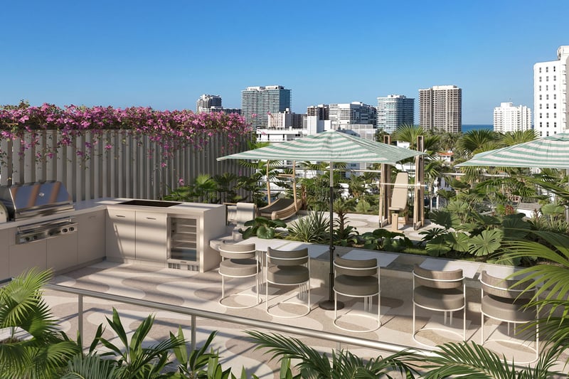 Mila Bay Harbor Islands preconstruction luxury and ultra luxury condos in Bay Harbor Islands with a rooftop summer kitchen, grill, outdoor dining table, tropical landscaping, and nearby skyline views.