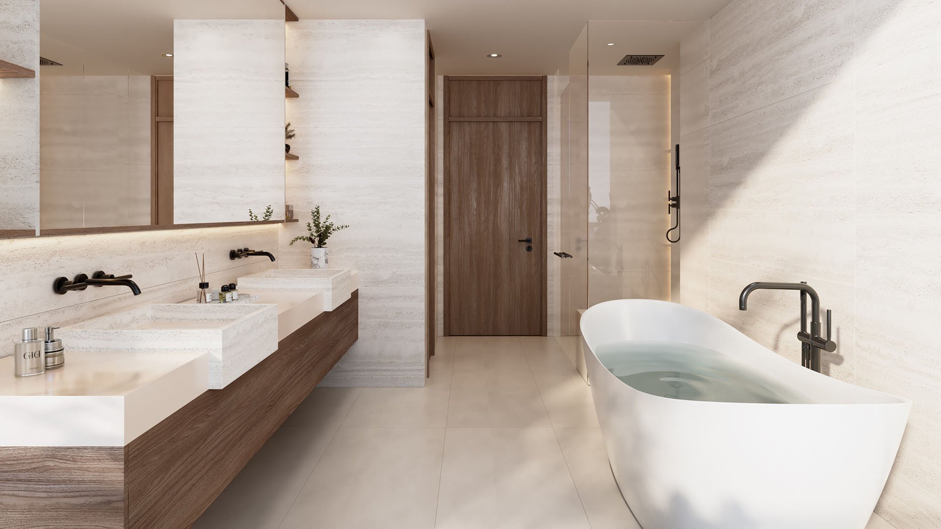 Mila Bay Harbor Islands preconstruction luxury and ultra luxury condos in Bay Harbor Islands with a spa bathroom, double vanity, stone surfaces, freestanding soaking tub, and a glass shower enclosure.