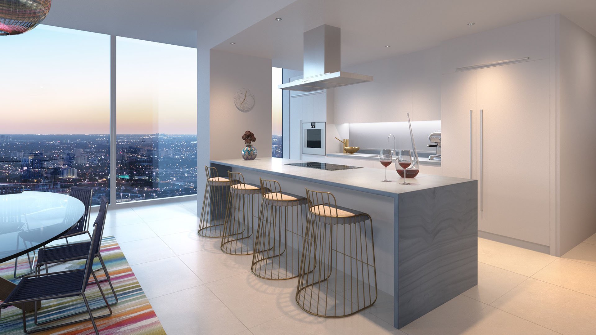 Missoni Baia Edgewater Miami condo kitchen with waterfall island, sleek appliances and skyline view, showcasing luxury and ultra luxury preconstruction condos open-plan design.