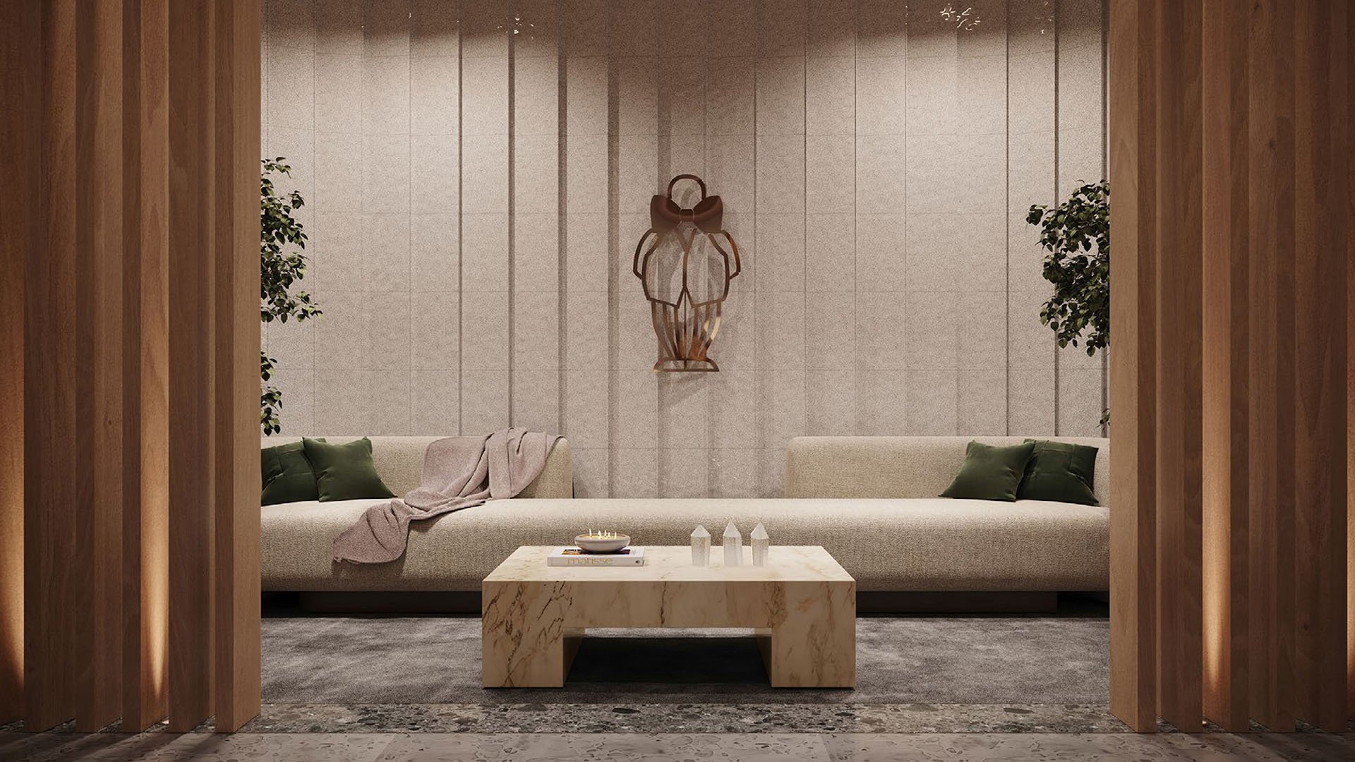 Spa lounge with wood portals, soft seating, and a stone coffee table at Mr C Residences Bayshore Tower in Coconut Grove, highlighting luxury, ultra luxury condos with tranquil wellness retreat space.