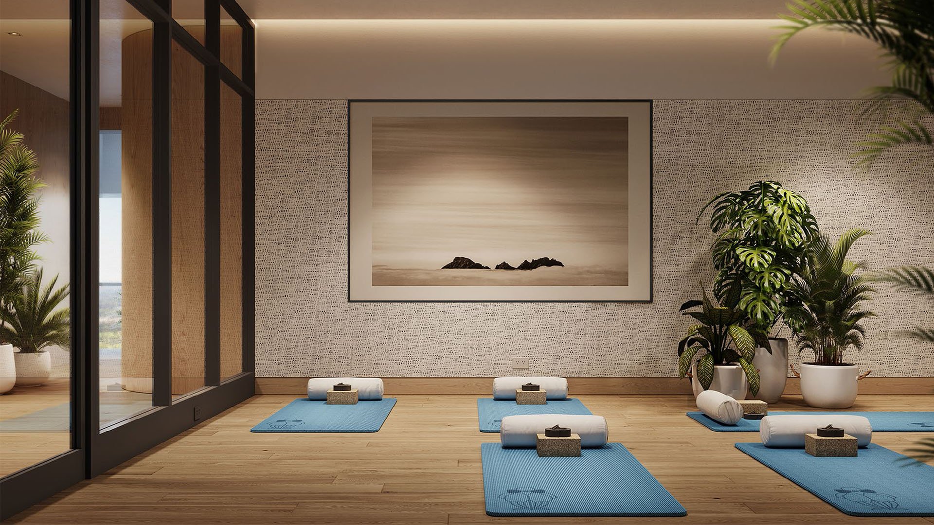 Wellness studio with yoga mats, soft lighting, and serene wall art at Mr C Residences Bayshore Tower in Coconut Grove, featuring luxury, ultra luxury condos with dedicated mindful movement space.