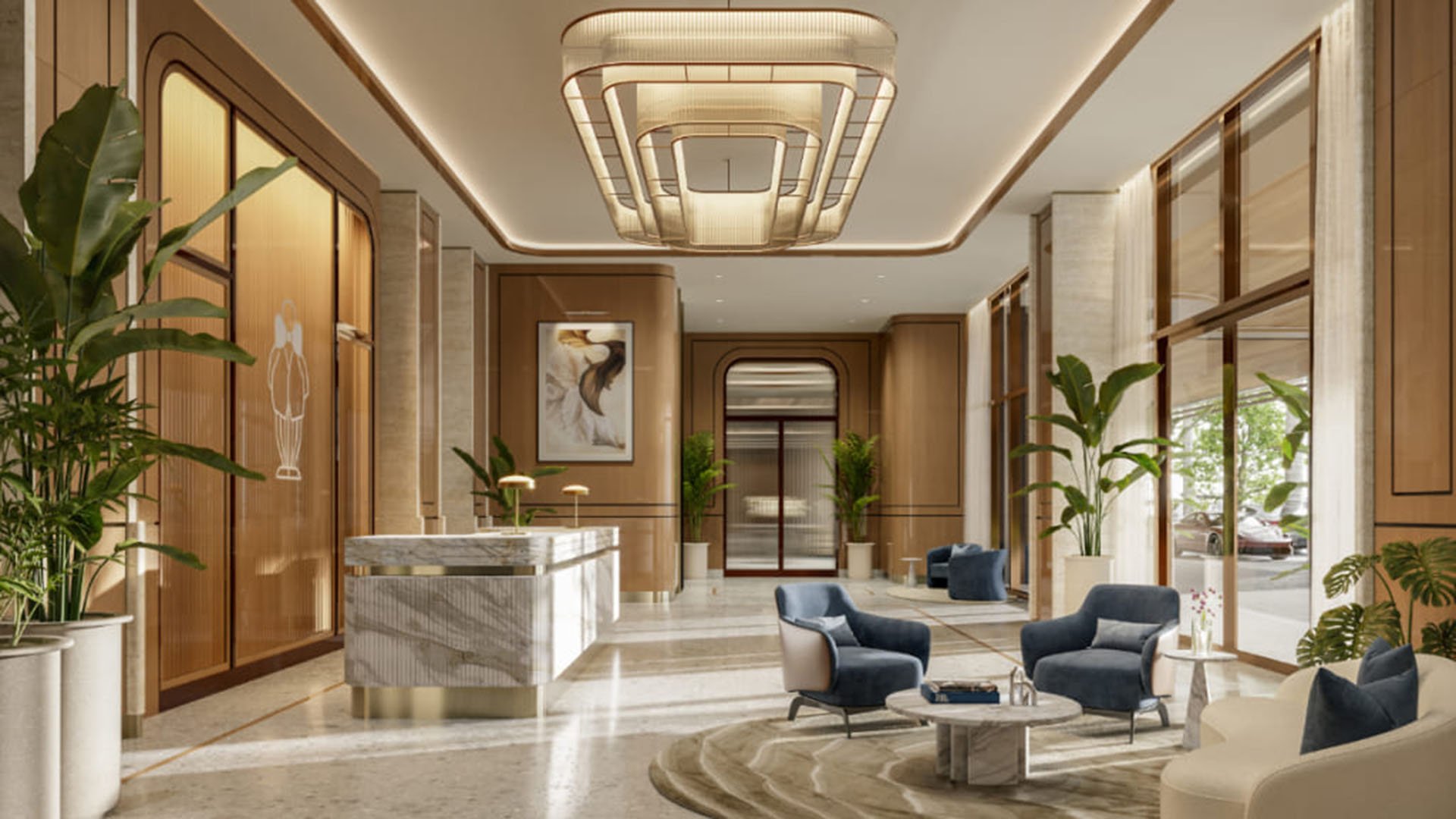 Grand lobby at Mr. C Residences in Boca Raton with a marble reception desk, lounge seating, tall windows, and warm finishes, presenting preconstruction luxury and ultra luxury condos.