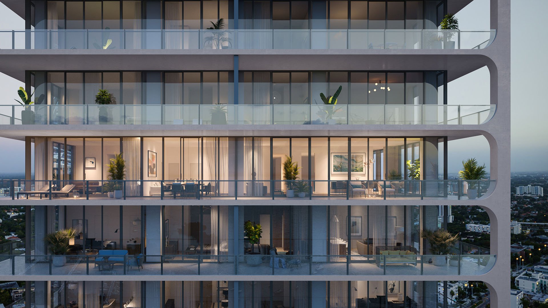 Close exterior view of curved balconies and glass railings at Mr. C Residences Tigertail Tower, Coconut Grove, emphasizing the architecture of luxury and ultra luxury condos.