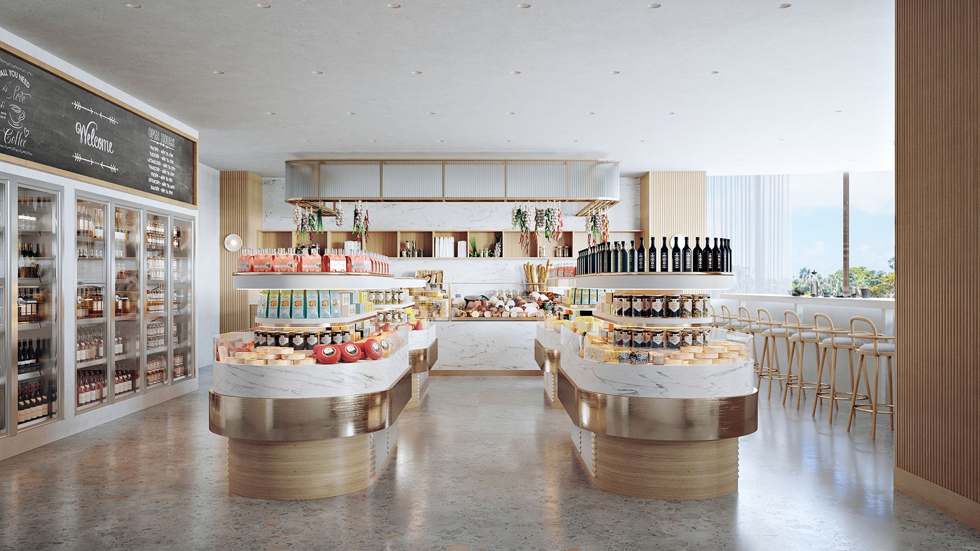 Gourmet market cafe with wine wall, display cases and bar seating at Mr. C Residences Tigertail Tower, Coconut Grove, serving luxury and ultra luxury condos.