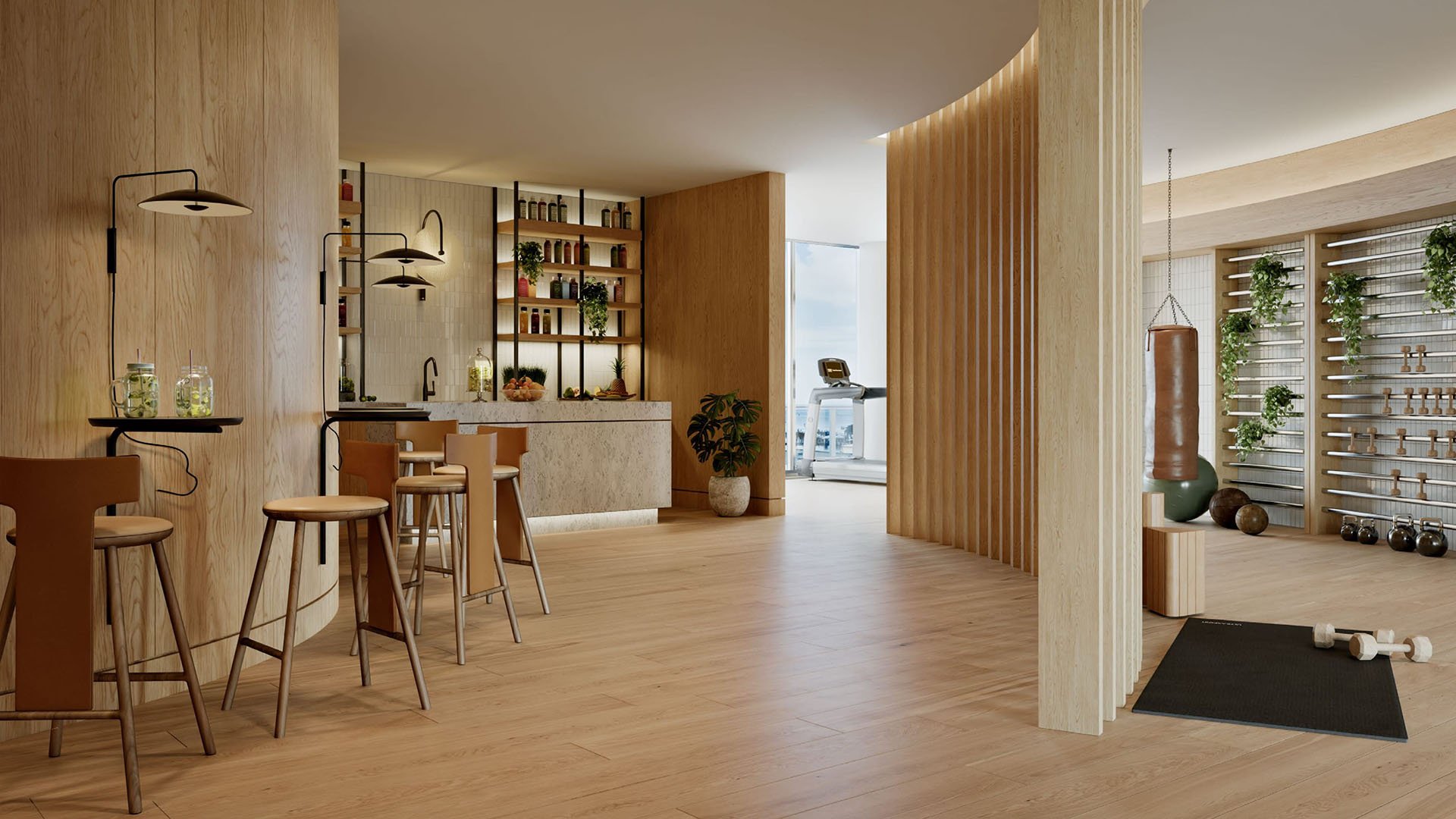 Wellness lounge with juice bar, boxing area and fitness equipment at Mr. C Residences Tigertail Tower, Coconut Grove, created for luxury and ultra luxury condos.