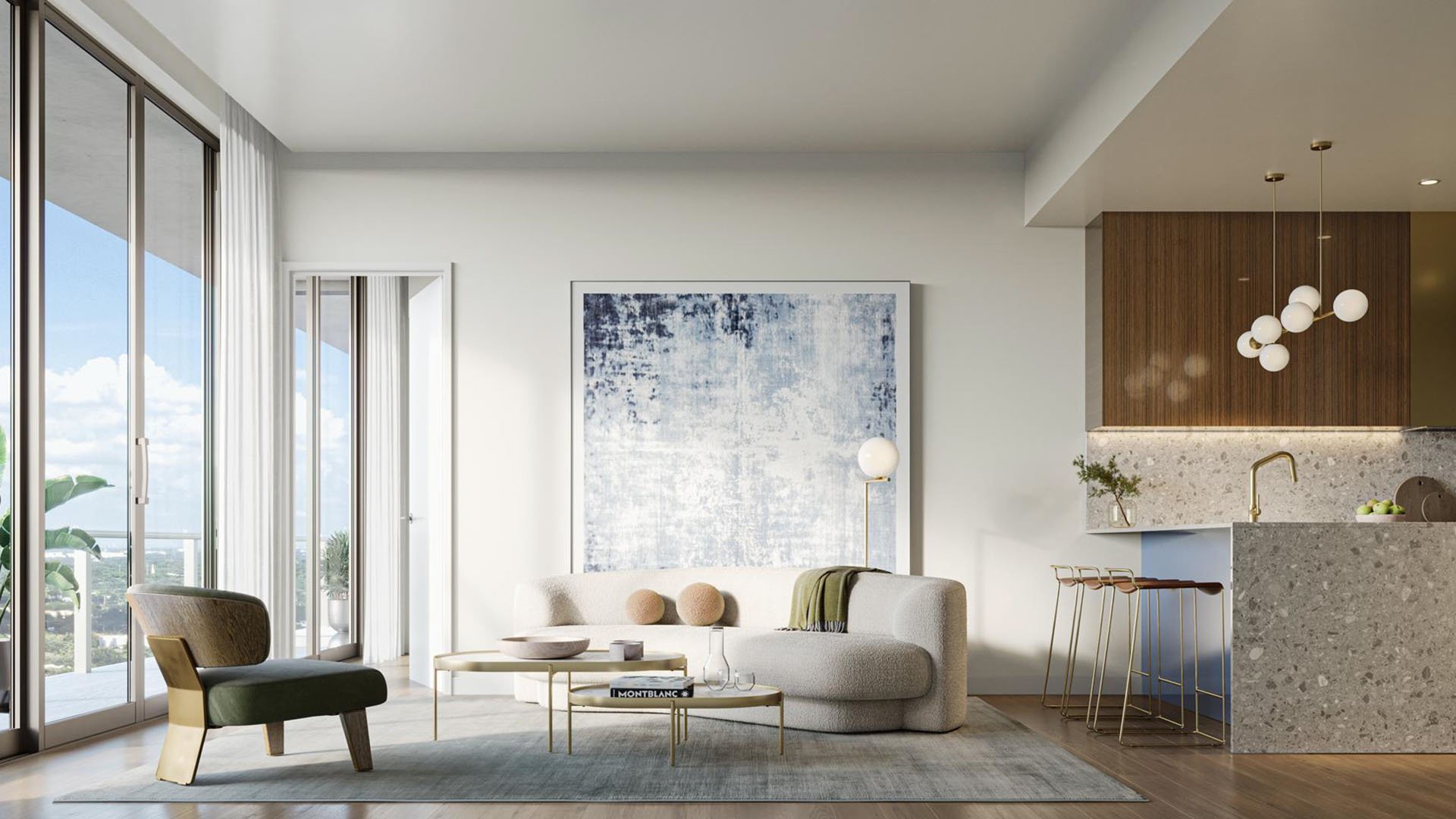 Residence living room with chef kitchen, stone island and balcony access at Mr. C Residences Tigertail Tower, Coconut Grove, showcasing luxury and ultra luxury condos.