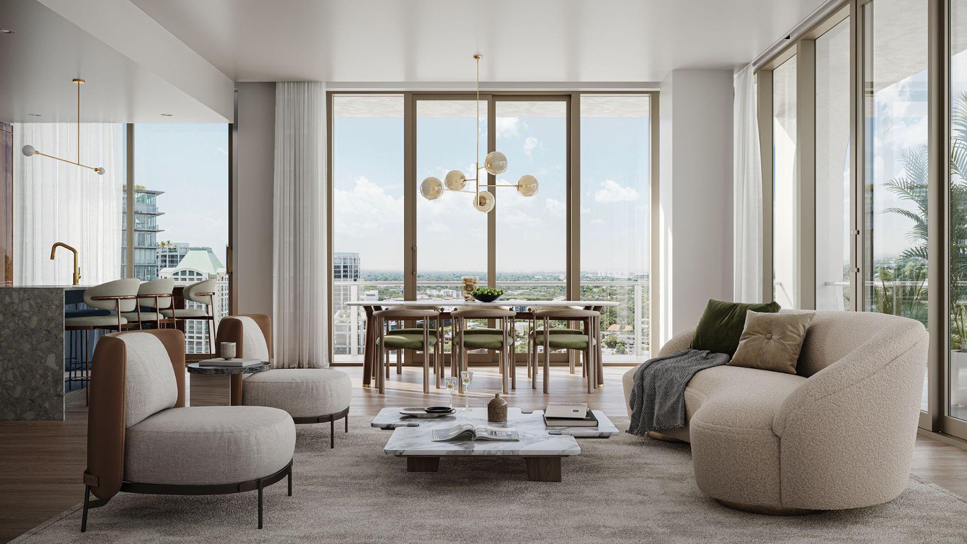 Residence living room and dining area with balcony views at Mr. C Residences Tigertail Tower, Coconut Grove, highlighting the interiors of luxury and ultra luxury condos.
