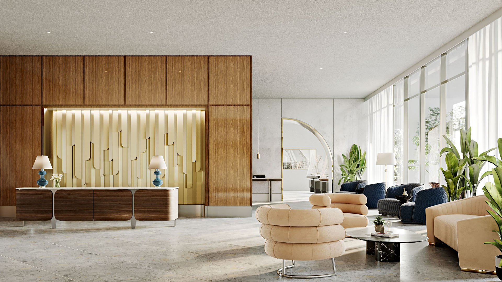 Lobby reception lounge with a wood feature wall, designer seating and tall windows at Mr. C Residences Tigertail Tower, Coconut Grove, welcoming luxury and ultra luxury condos.