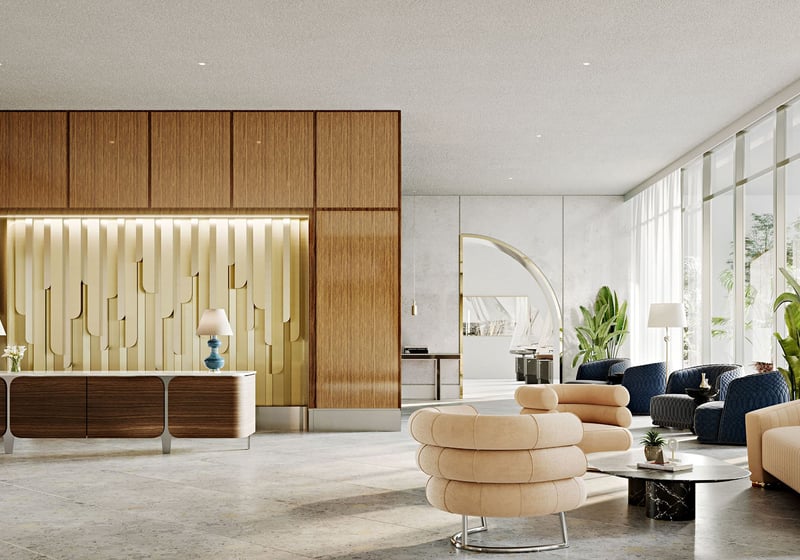 Lobby reception lounge with a wood feature wall, designer seating and tall windows at Mr. C Residences Tigertail Tower, Coconut Grove, welcoming luxury and ultra luxury condos.