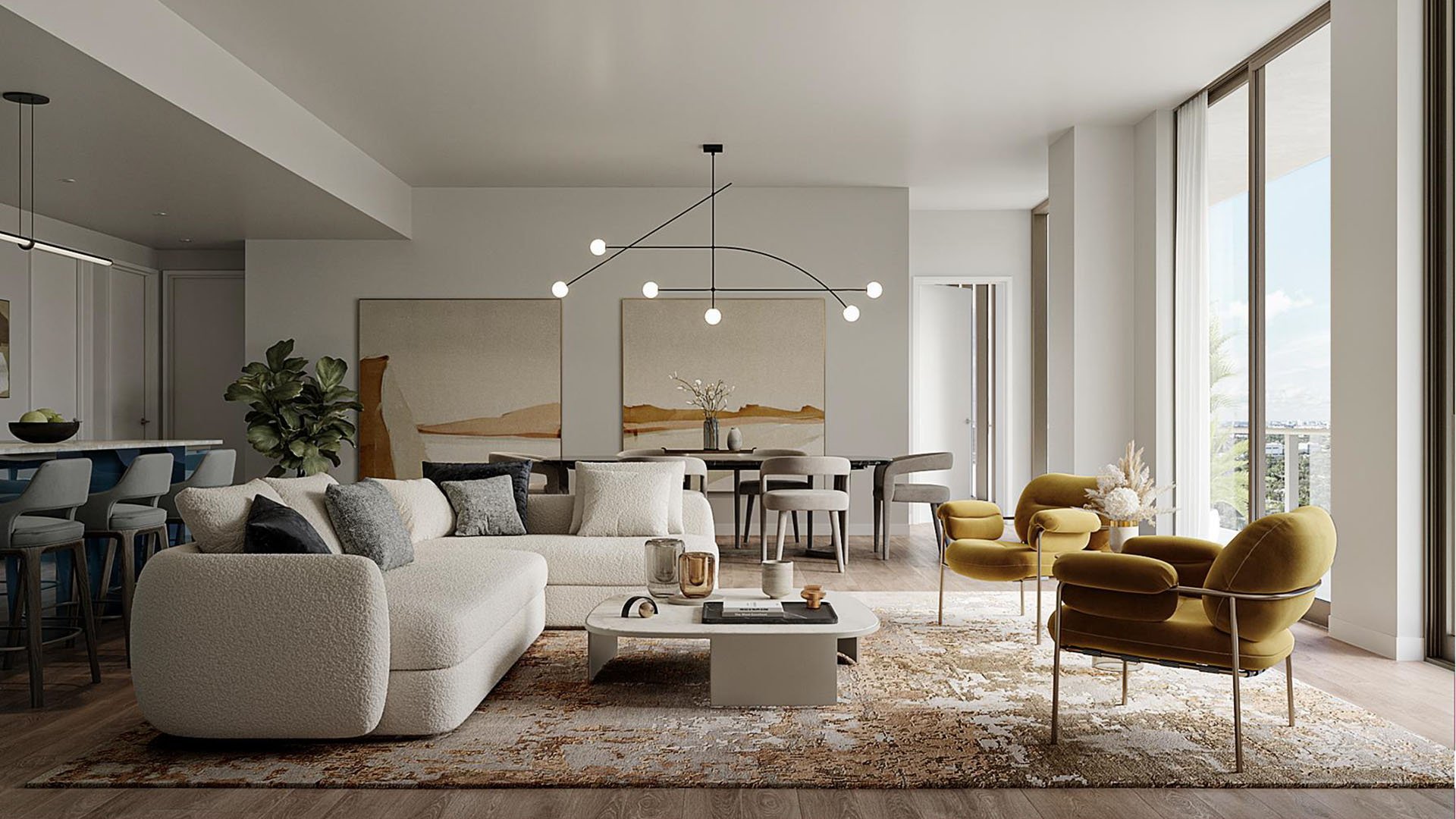 Open-plan living room, dining area and kitchen at Mr. C Residences Tigertail Tower, Coconut Grove, showcasing the interiors of luxury and ultra luxury condos.