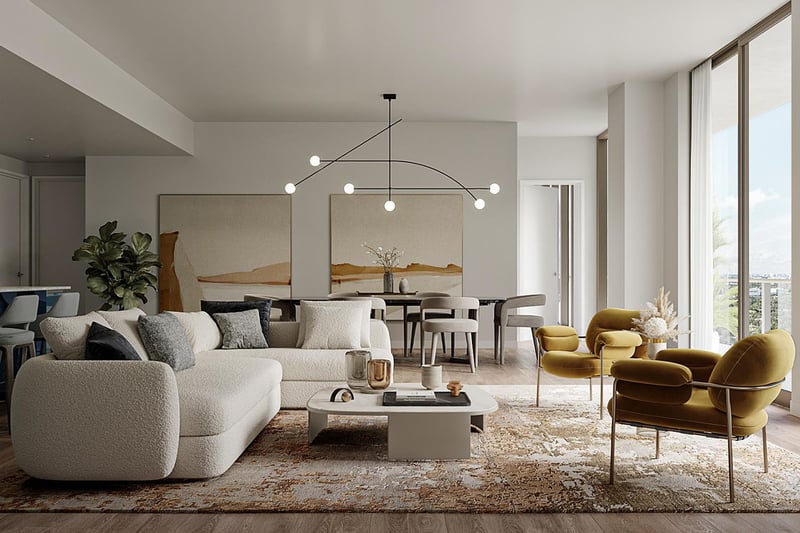Open-plan living room, dining area and kitchen at Mr. C Residences Tigertail Tower, Coconut Grove, showcasing the interiors of luxury and ultra luxury condos.
