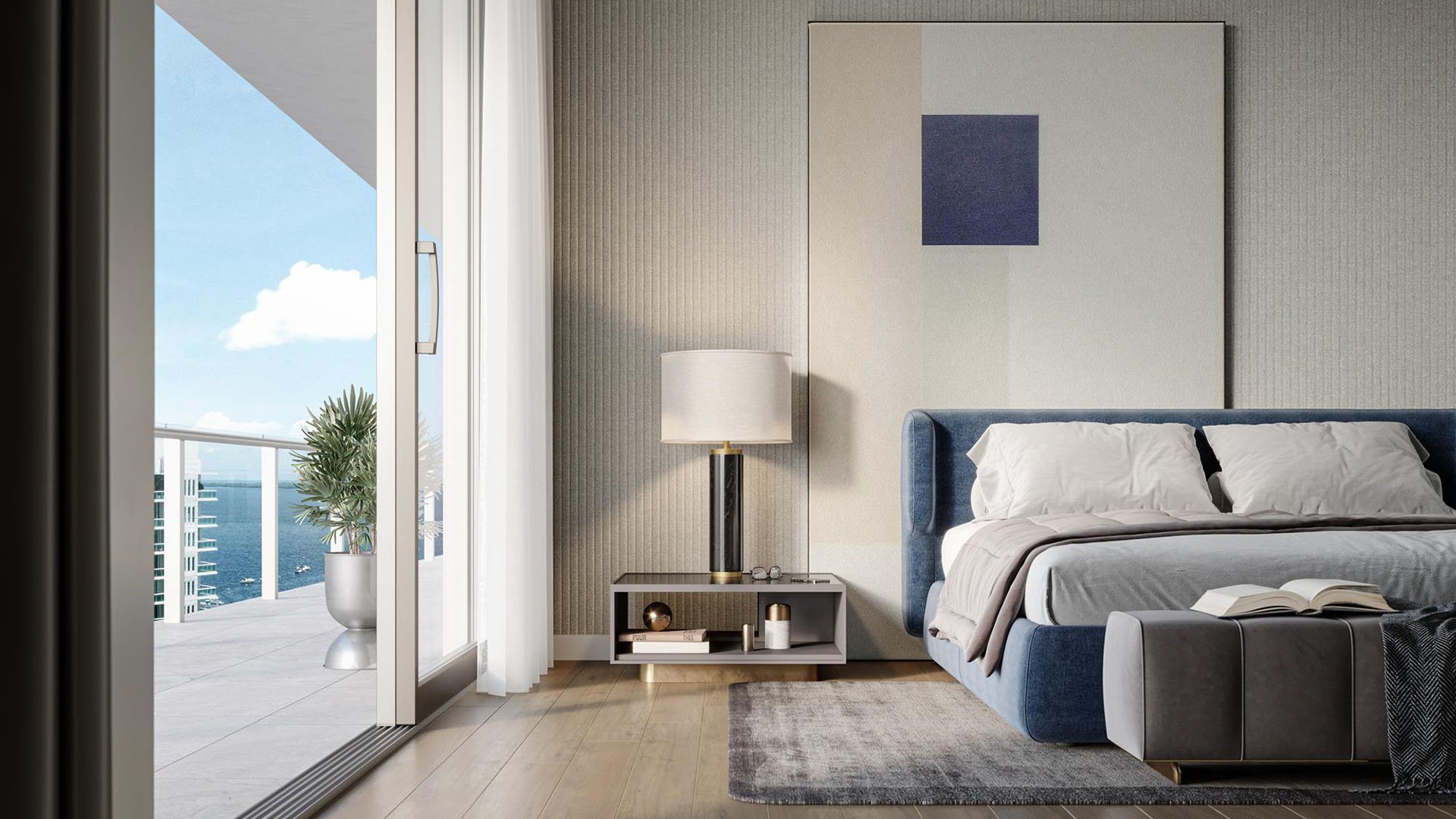 Primary bedroom with private terrace access and water views at Mr. C Residences Tigertail Tower, Coconut Grove, designed for luxury and ultra luxury condos.