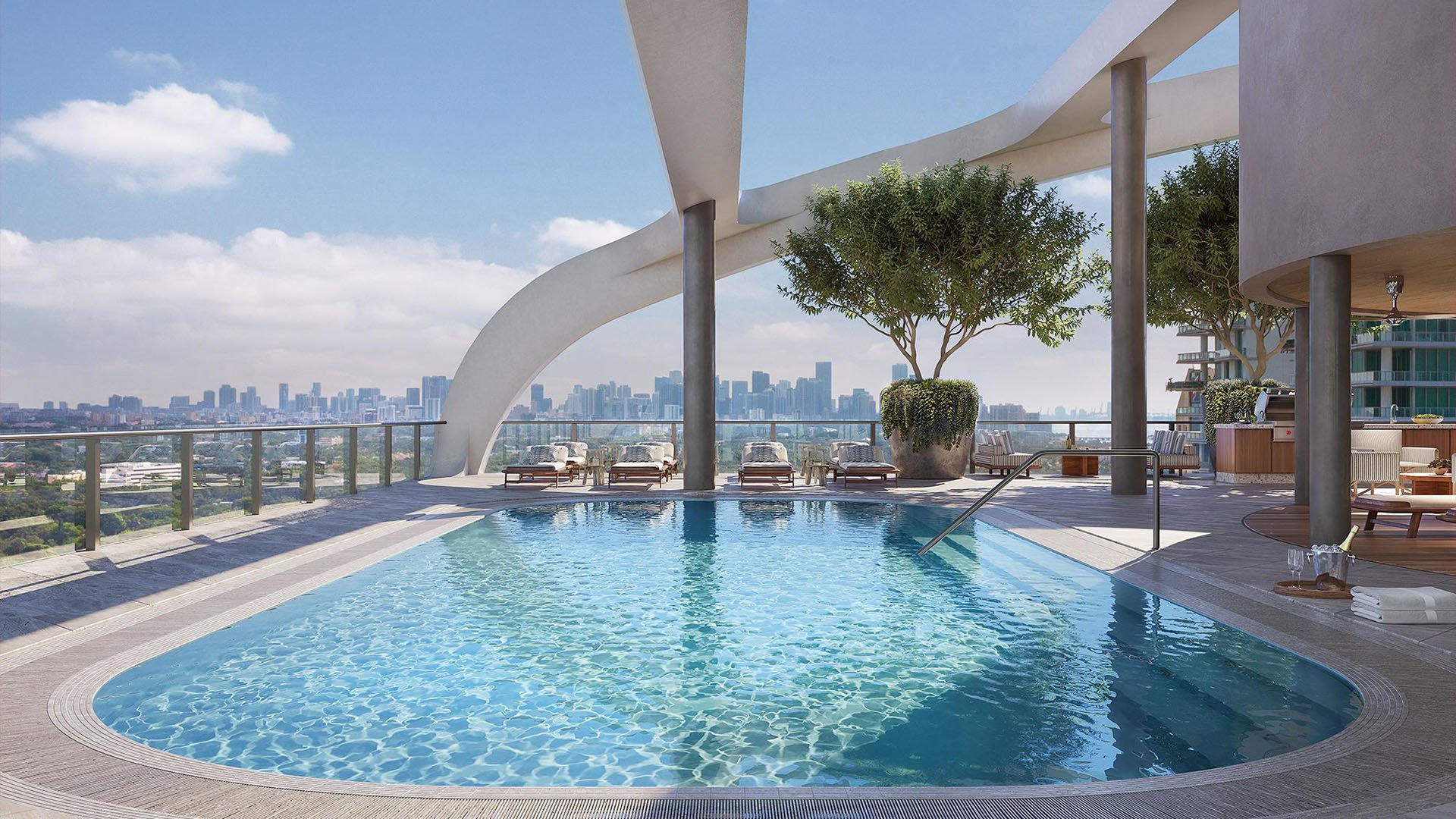 Rooftop pool terrace with curved architecture and skyline views at Mr. C Residences Tigertail Tower, Coconut Grove, defining luxury and ultra luxury condos.