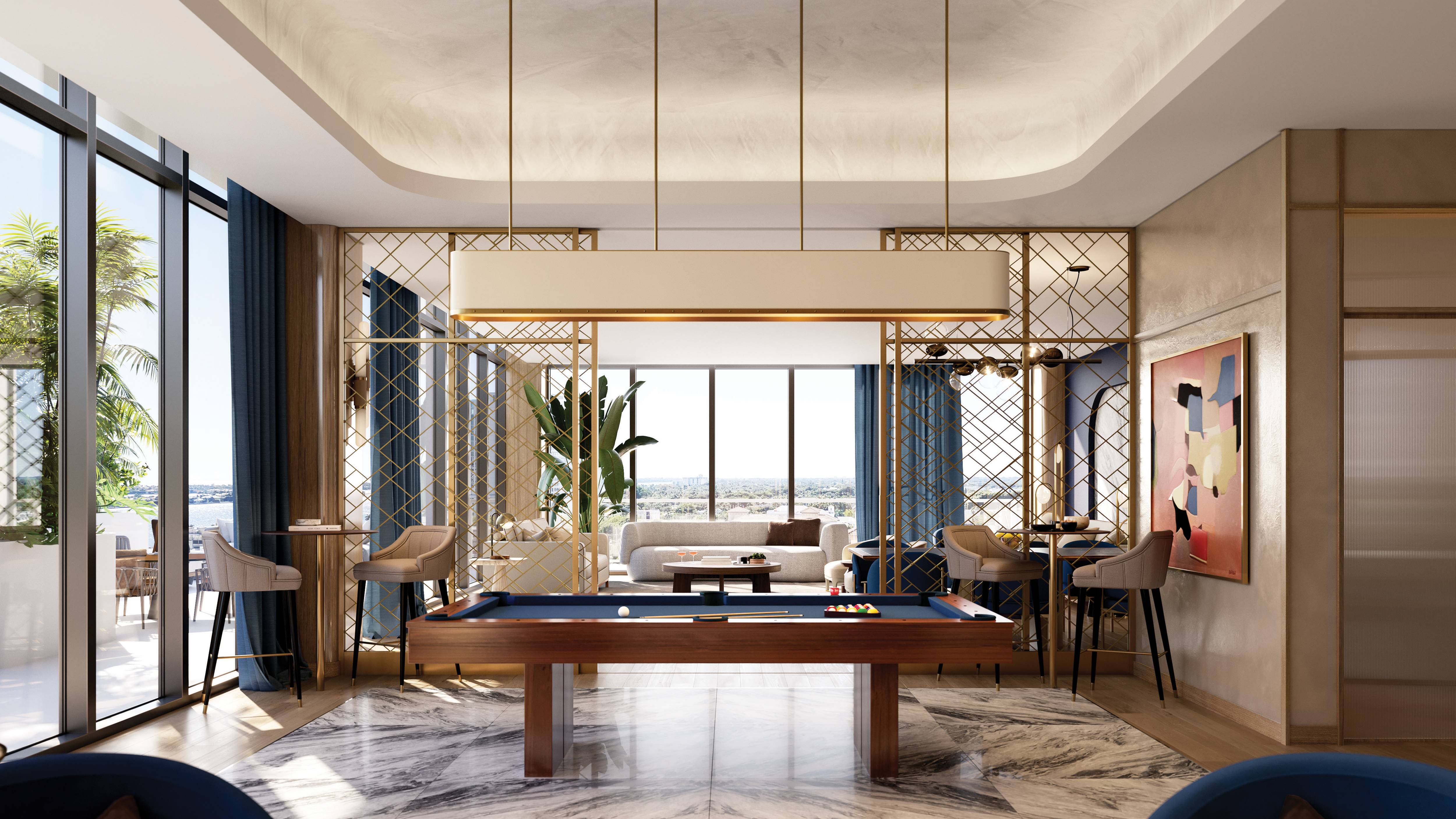 Mr. C Residences West Palm Beach game lounge with pool table, luxury and ultra luxury amenities for preconstruction condos. Featuring luxurious and interior.