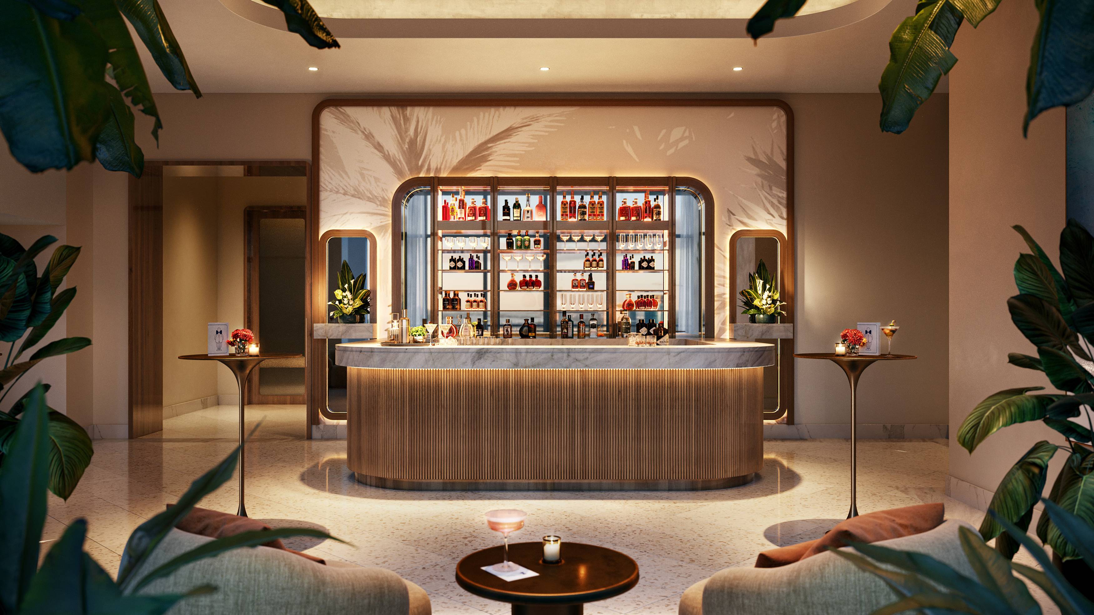 Mr. C Residences West Palm Beach luxury bar interior with greenery, ultra luxury amenity space for preconstruction condos. Featuring plants.