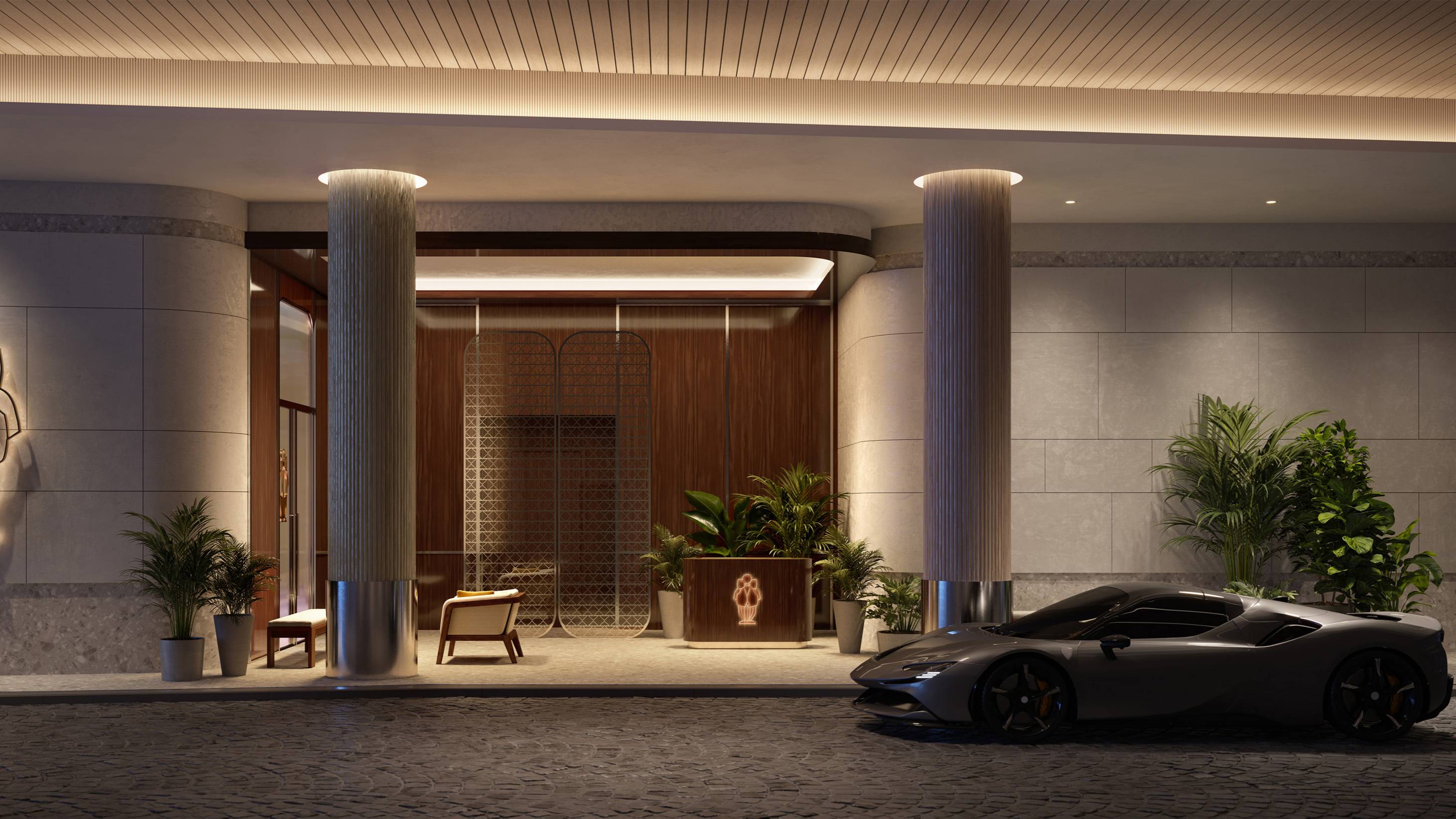 Mr. C Residences West Palm Beach arrival entrance with sports car, showcasing luxury and ultra luxury preconstruction condos lifestyle. Featuring hotel.