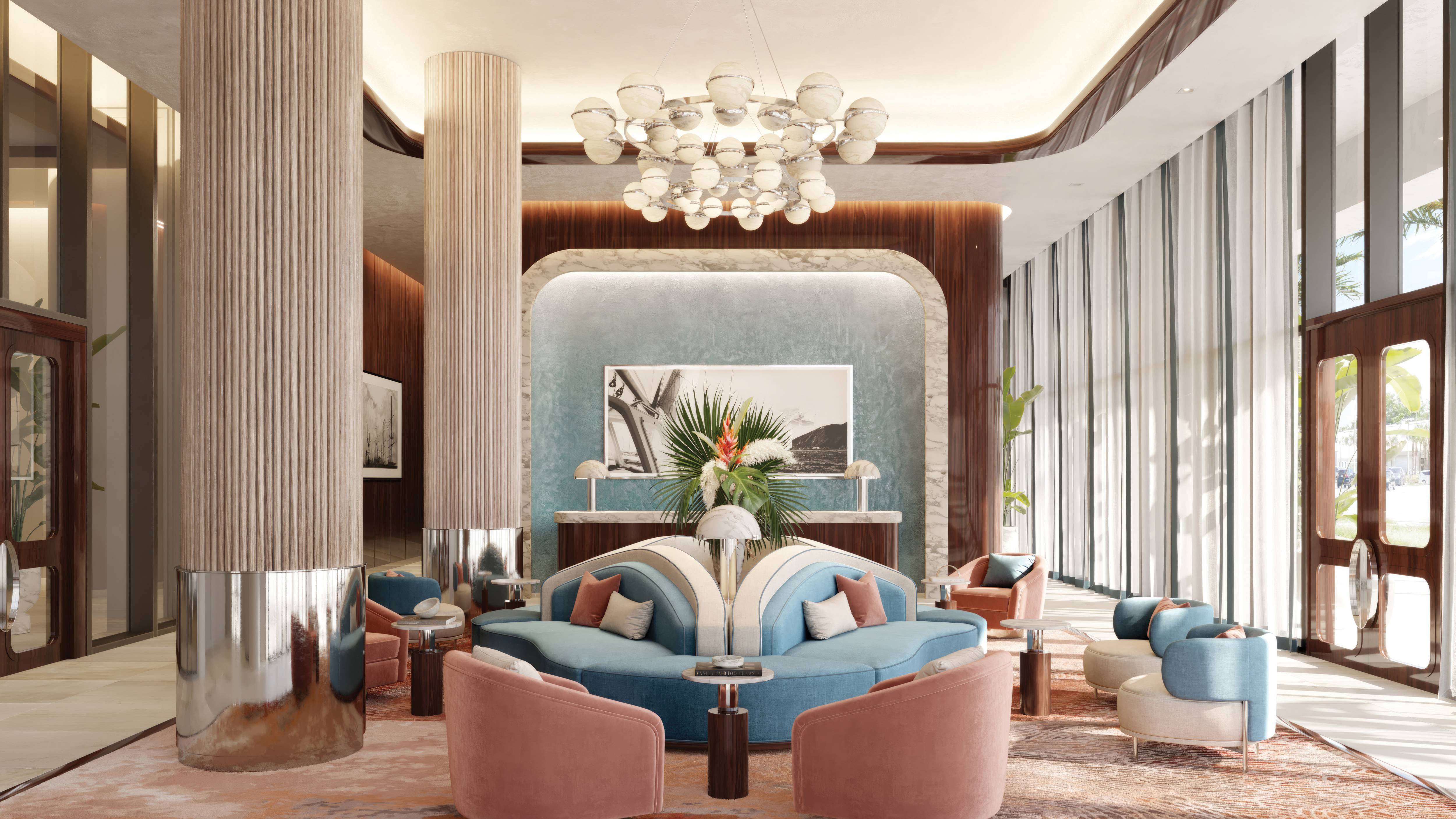 Mr. C Residences West Palm Beach hotel-style lobby interior, luxury and ultra luxury amenity for preconstruction condos.