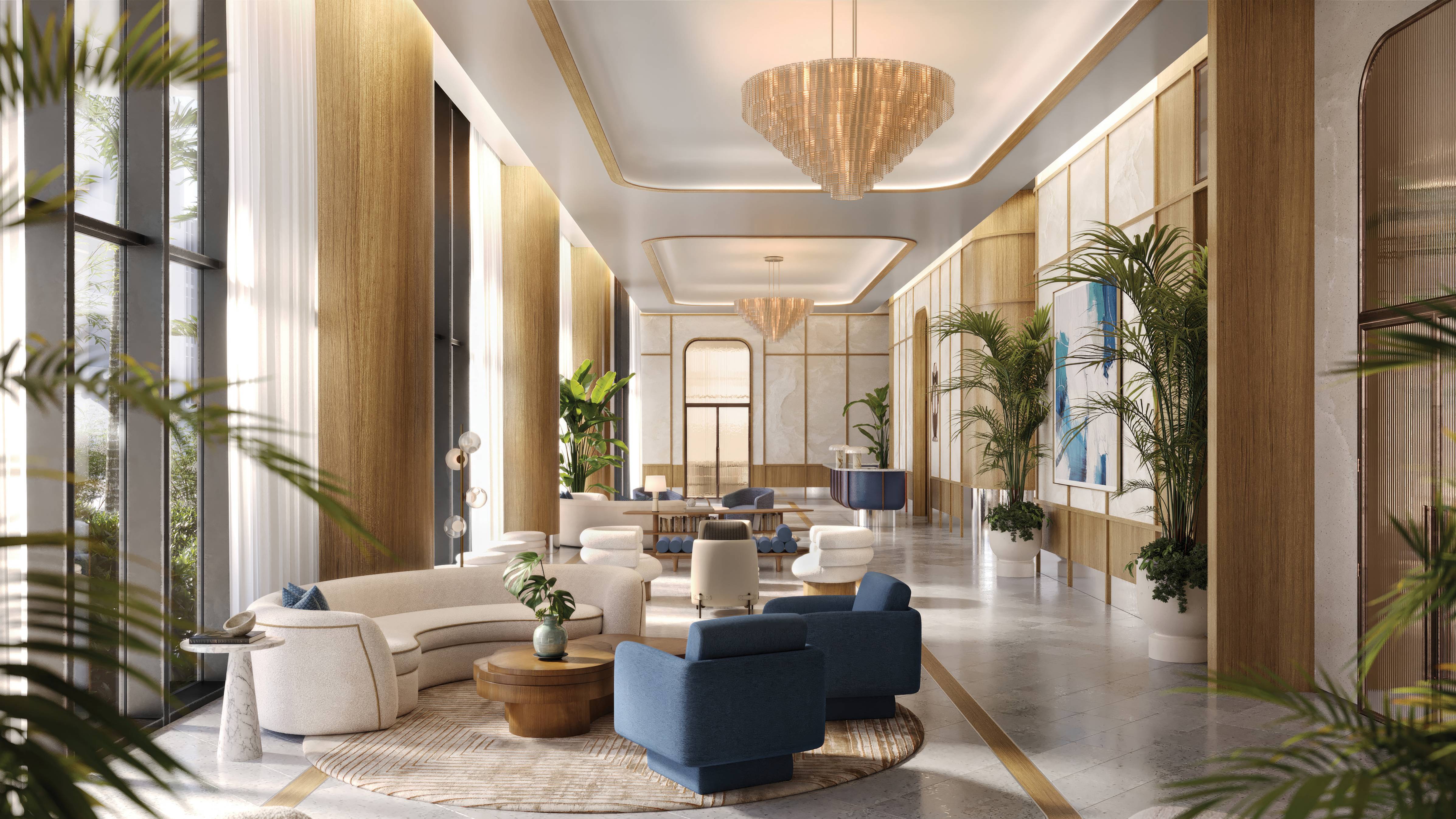 Mr. C Residences West Palm Beach luxury lobby design with refined finishes, ultra luxury preconstruction condos amenities. Featuring interior.