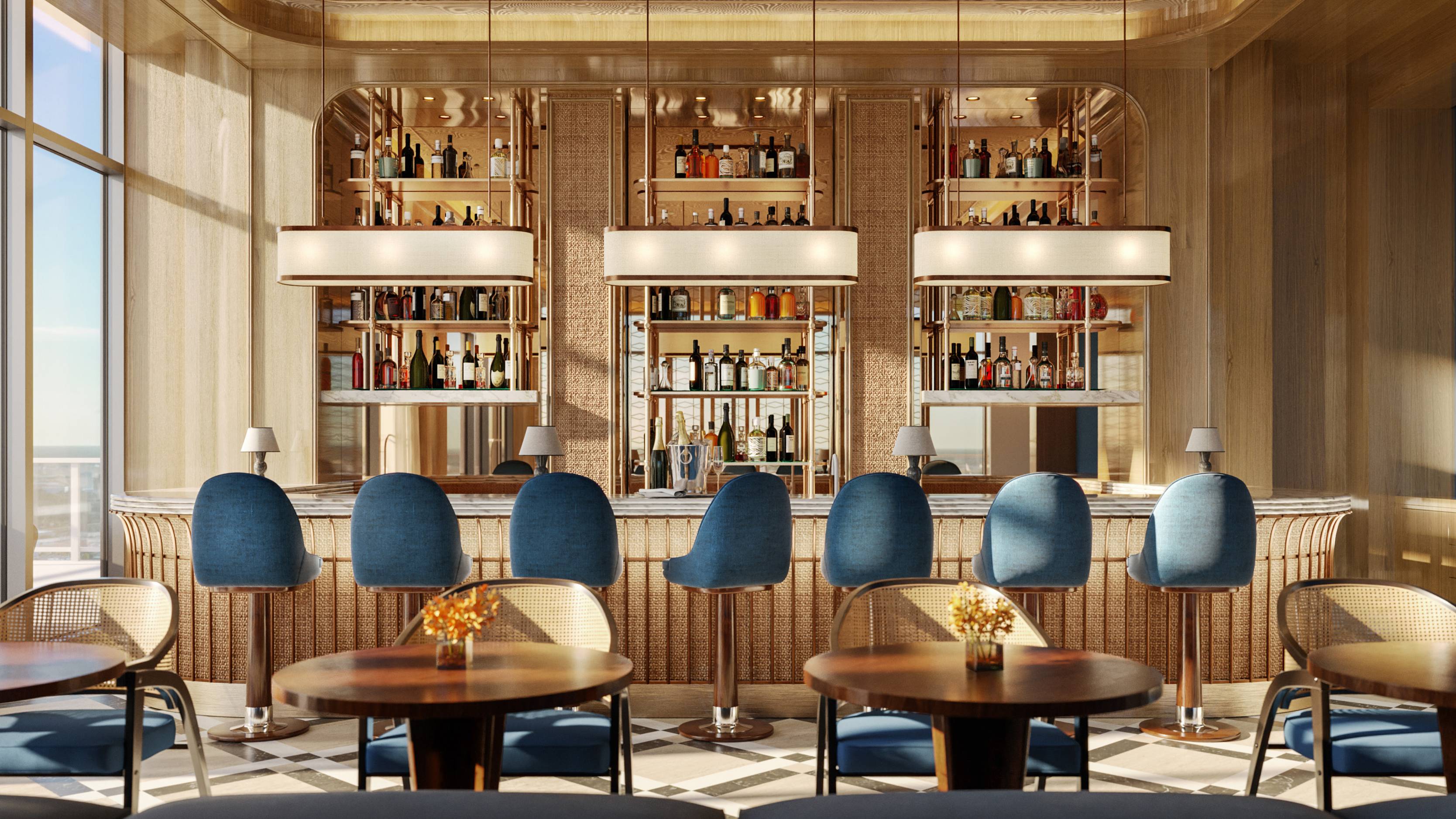 Mr. C Residences West Palm Beach modern bar interior design, luxury and ultra luxury amenity space for preconstruction condos.