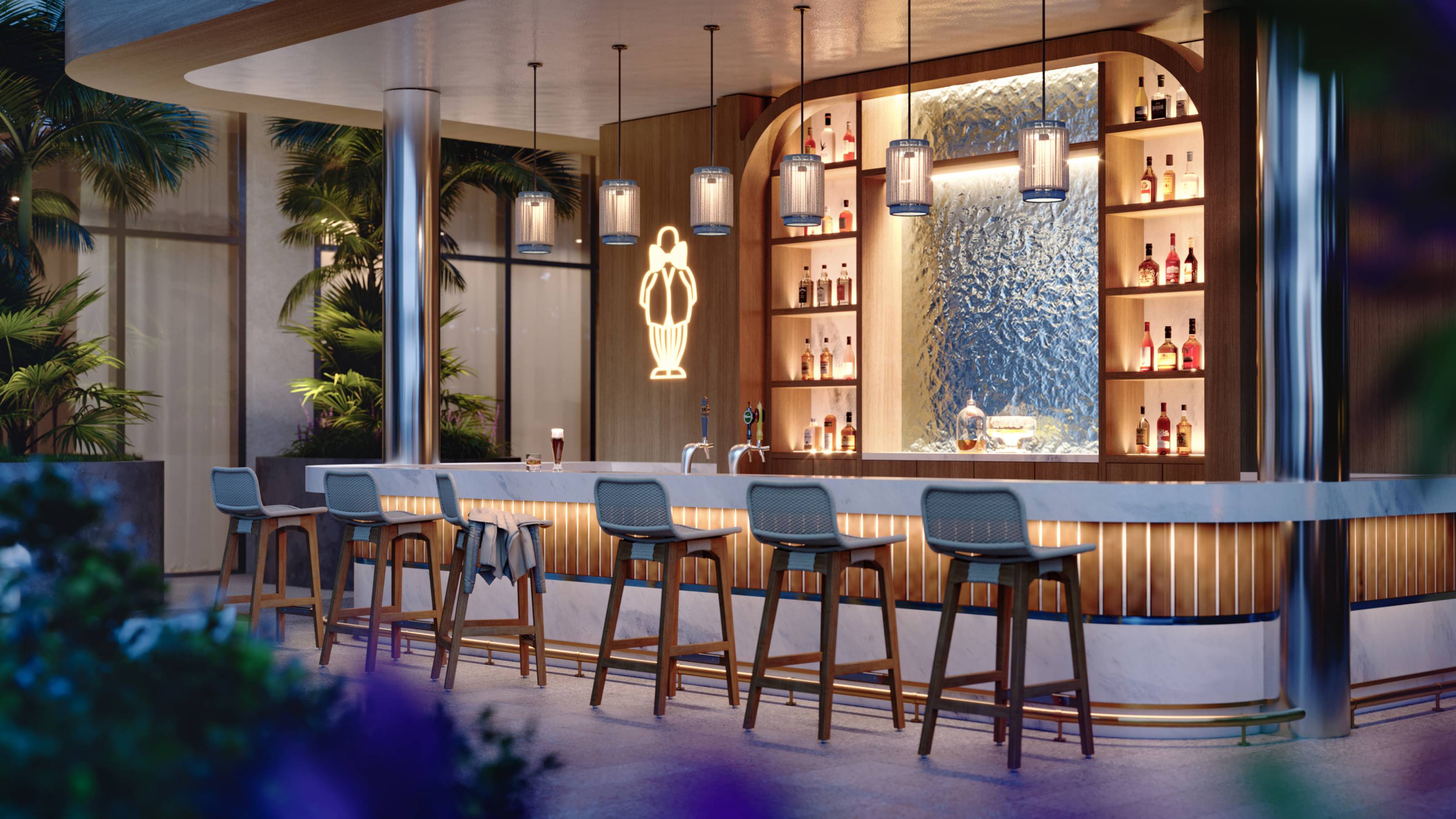 Mr. C Residences West Palm Beach contemporary bar interior, showcasing luxury and ultra luxury preconstruction condos lifestyle. Featuring modern.