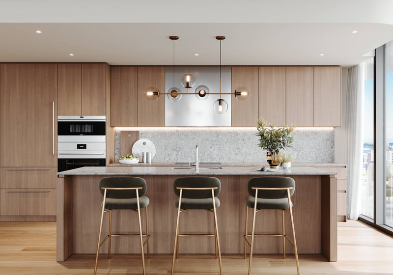 Mr. C Residences West Palm Beach modern kitchen interior design, luxury and ultra luxury preconstruction condos finishes.