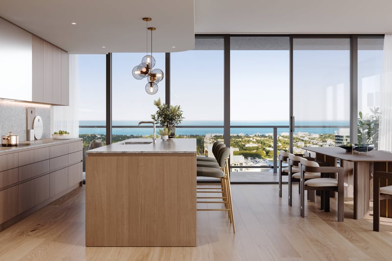 Mr. C Residences West Palm Beach kitchen with ocean view, showcasing luxury and ultra luxury preconstruction condos lifestyle. Featuring modern.
