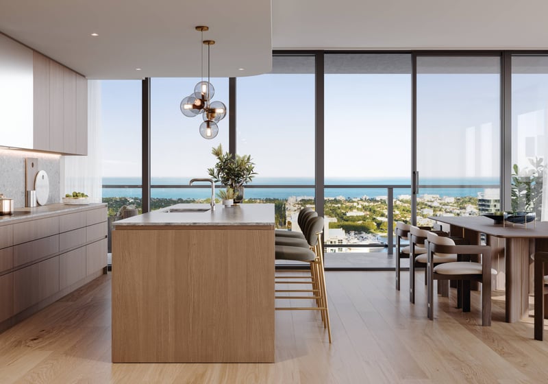 Mr. C Residences West Palm Beach kitchen with ocean view, showcasing luxury and ultra luxury preconstruction condos lifestyle. Featuring modern.