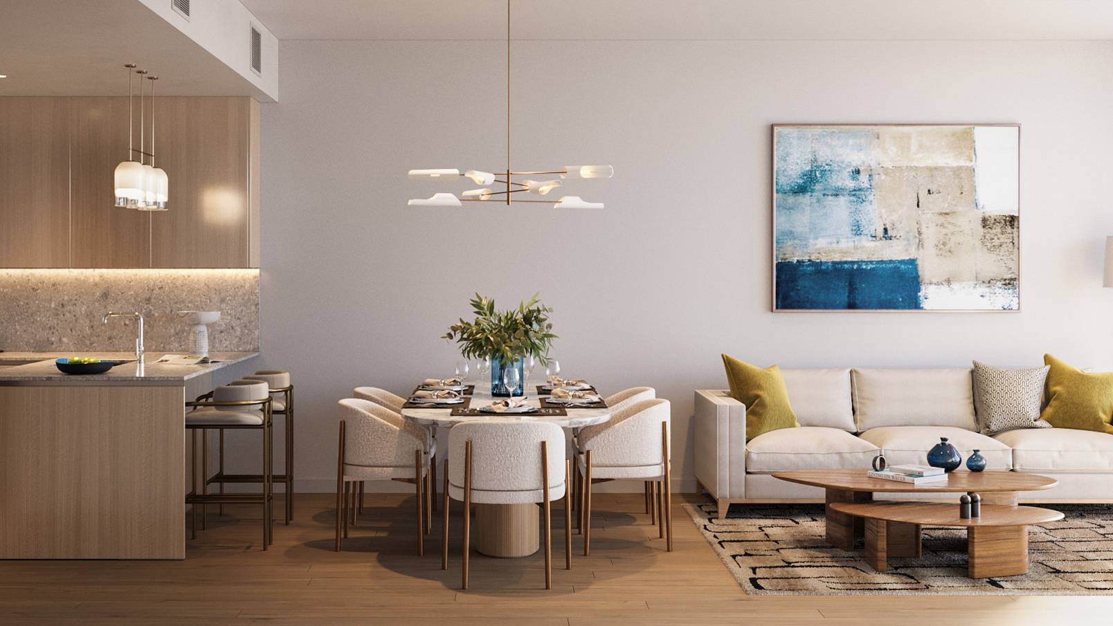 Mr. C Residences West Palm Beach living and dining area, luxury and ultra luxury preconstruction condos open-concept design. Featuring modern and room.