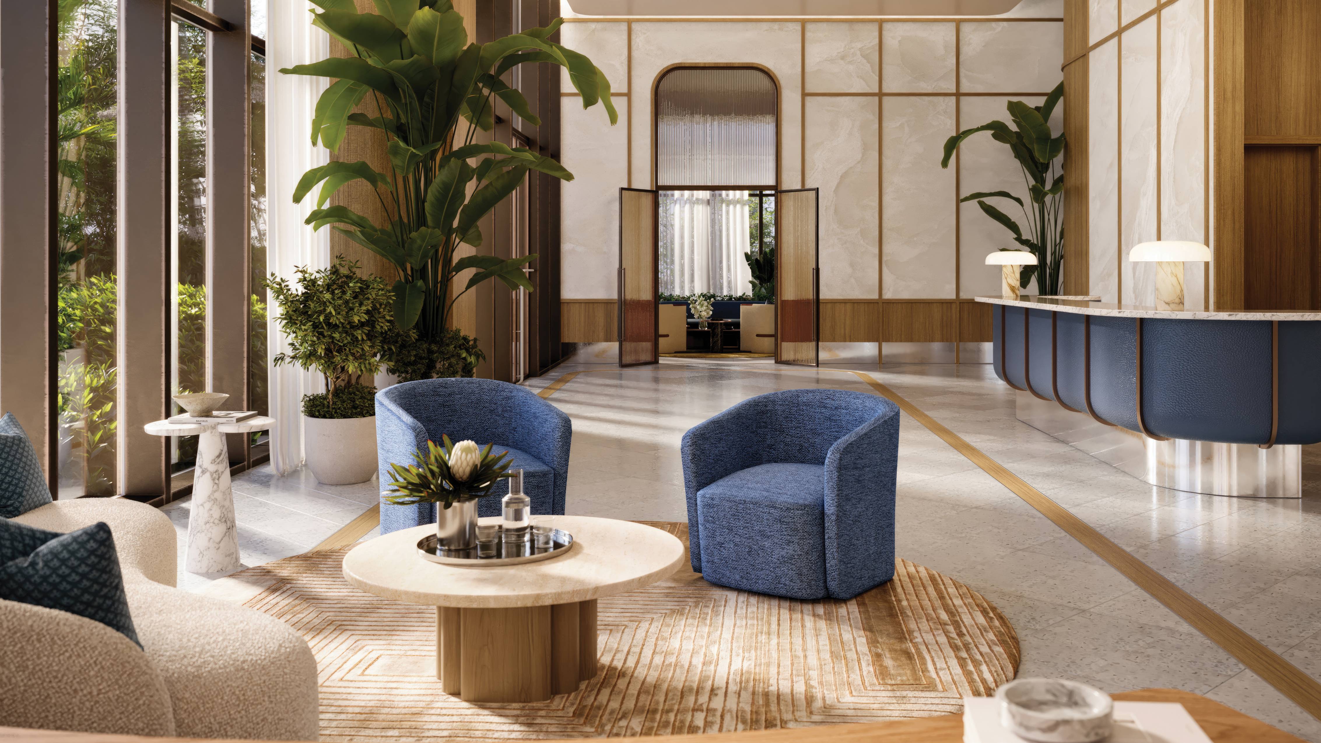 Mr. C Residences West Palm Beach modern lobby interior design, luxury and ultra luxury amenities for preconstruction condos.