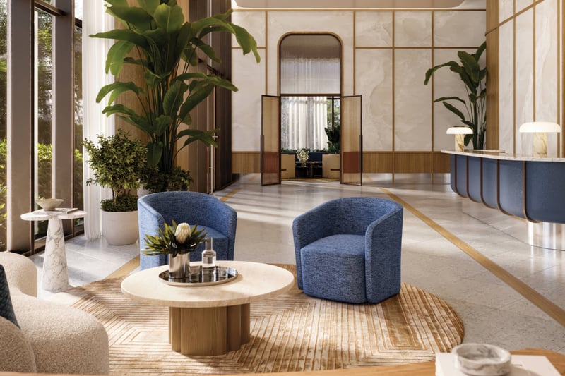 Mr. C Residences West Palm Beach modern lobby interior design, luxury and ultra luxury amenities for preconstruction condos.