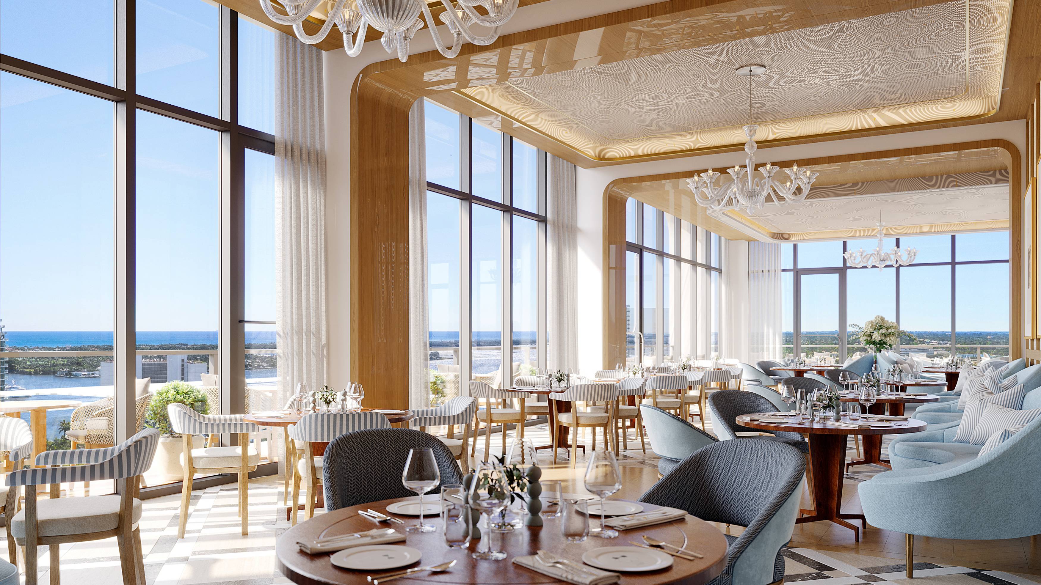 Mr. C Residences West Palm Beach restaurant interior with ocean view, luxury and ultra luxury dining amenity for preconstruction condos.