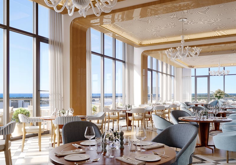 Mr. C Residences West Palm Beach restaurant interior with ocean view, luxury and ultra luxury dining amenity for preconstruction condos.