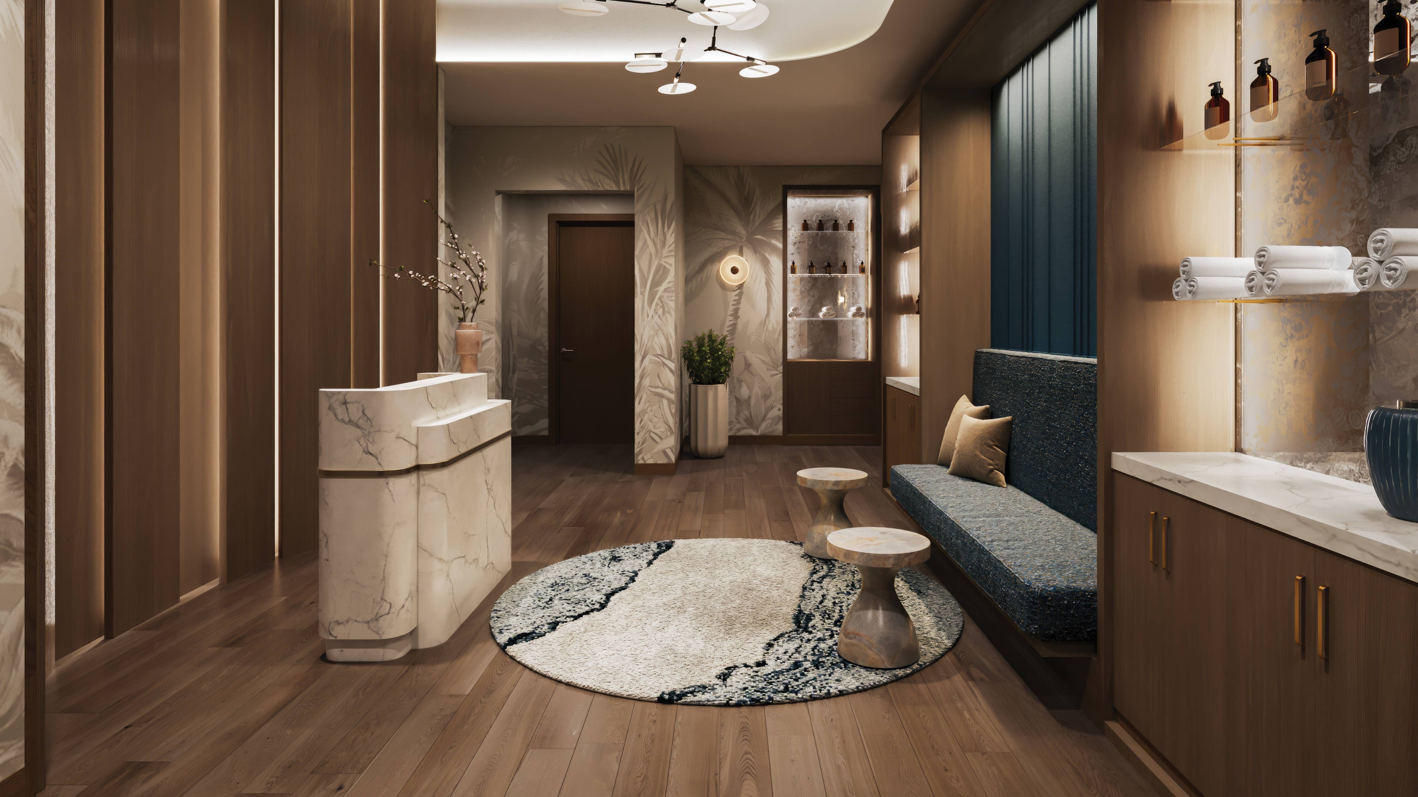 Mr. C Residences West Palm Beach spa lobby interior design, luxury and ultra luxury wellness amenity for preconstruction condos.