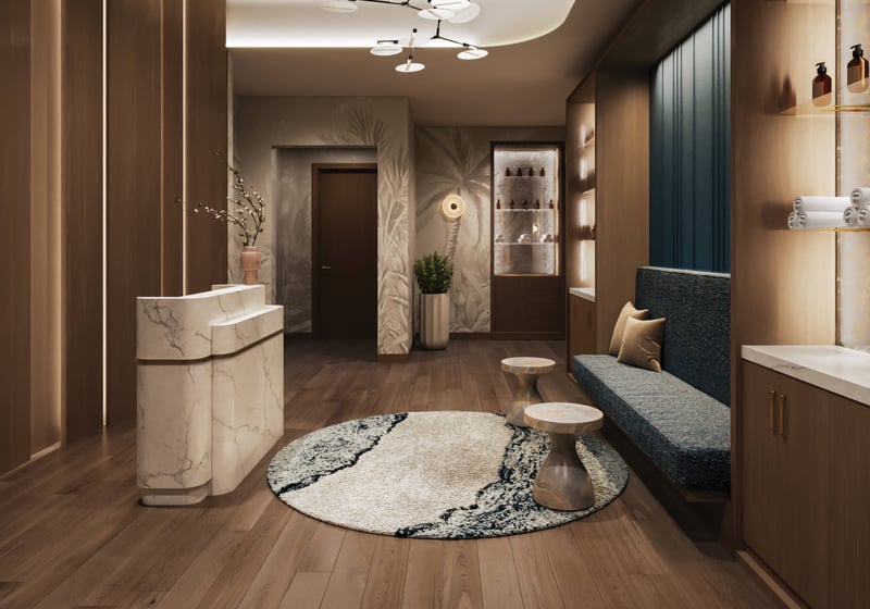 Mr. C Residences West Palm Beach spa lobby interior design, luxury and ultra luxury wellness amenity for preconstruction condos.