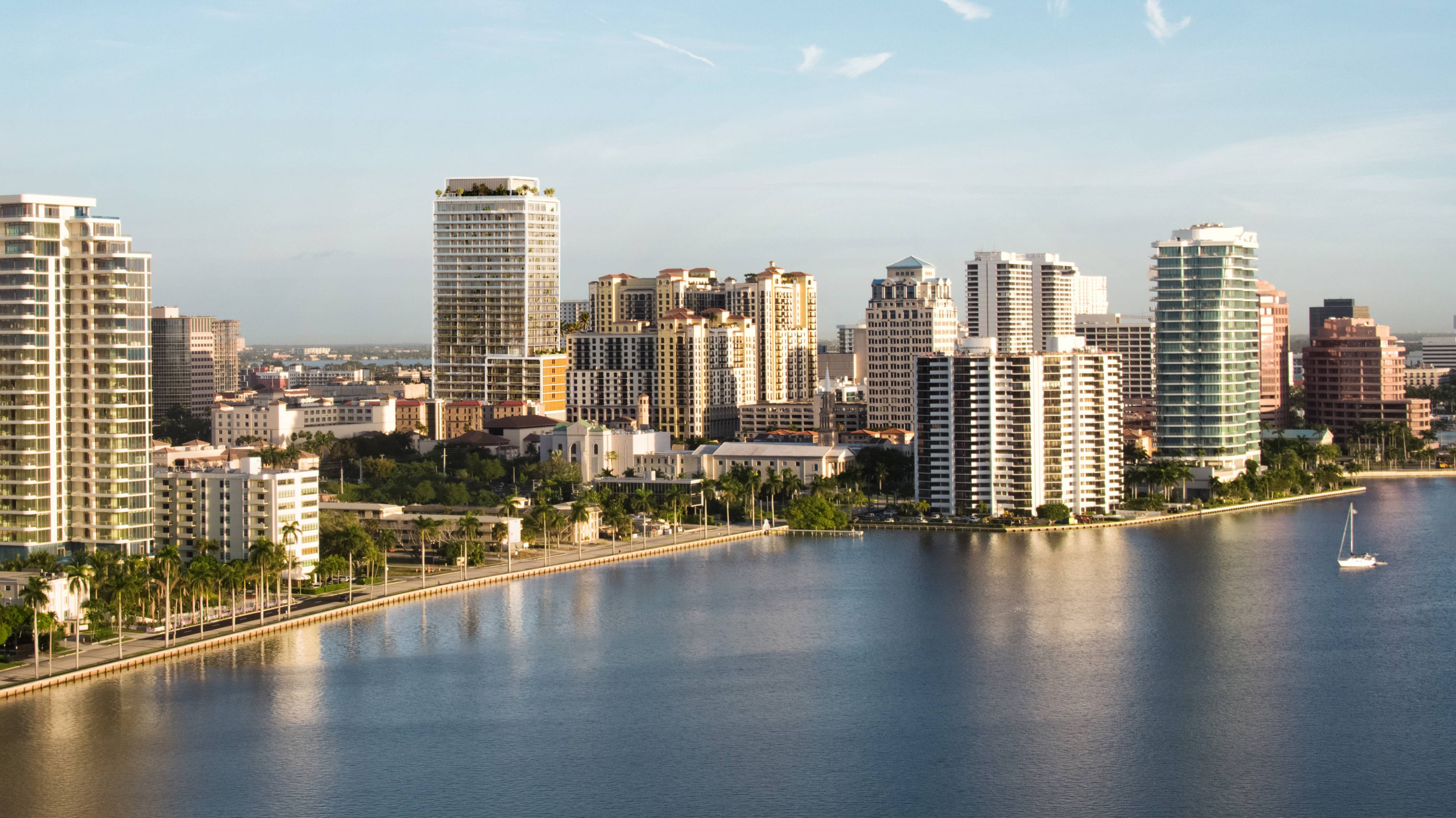 Mr. C Residences West Palm Beach urban waterfront skyline view, highlighting luxury and ultra luxury preconstruction condos.