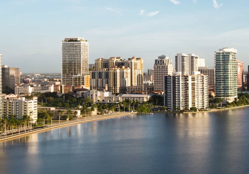 Mr. C Residences West Palm Beach urban waterfront skyline view, highlighting luxury and ultra luxury preconstruction condos.